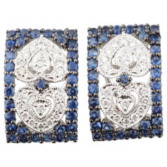 Antiqued 2.50 Carat Diamond and Sapphire Plaque Earrings in White Gold