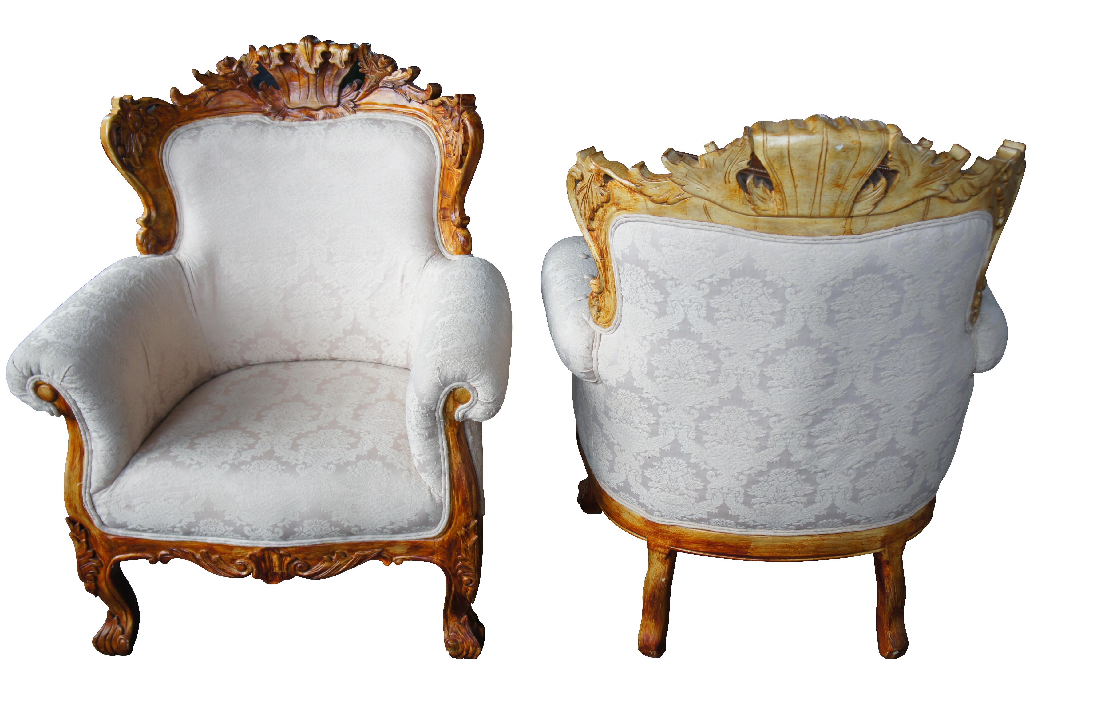 Antiqued Baroque Rococo High Relief Carved Club Chairs Continental Brocade Seat In Good Condition In Dayton, OH