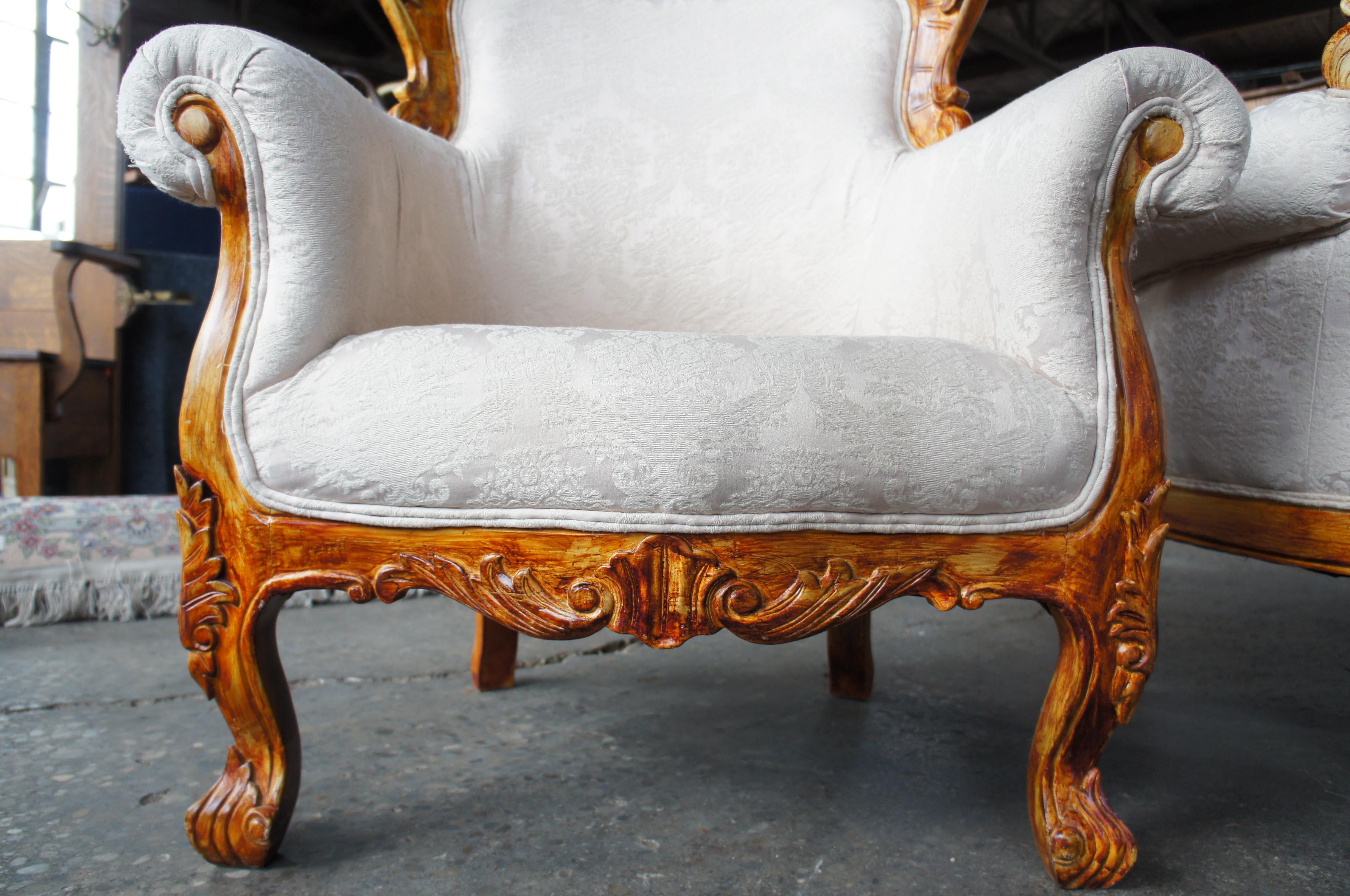 20th Century Antiqued Baroque Rococo High Relief Carved Club Chairs Continental Brocade Seat