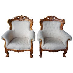 Vintage Antiqued Baroque Rococo High Relief Carved Club Chairs Continental Brocade Seat