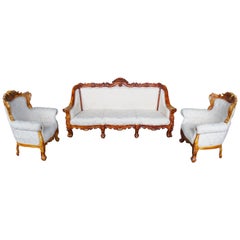 Vintage Antiqued Baroque Rococo High Relief Carved Set Settee & Chairs Continental Sofa