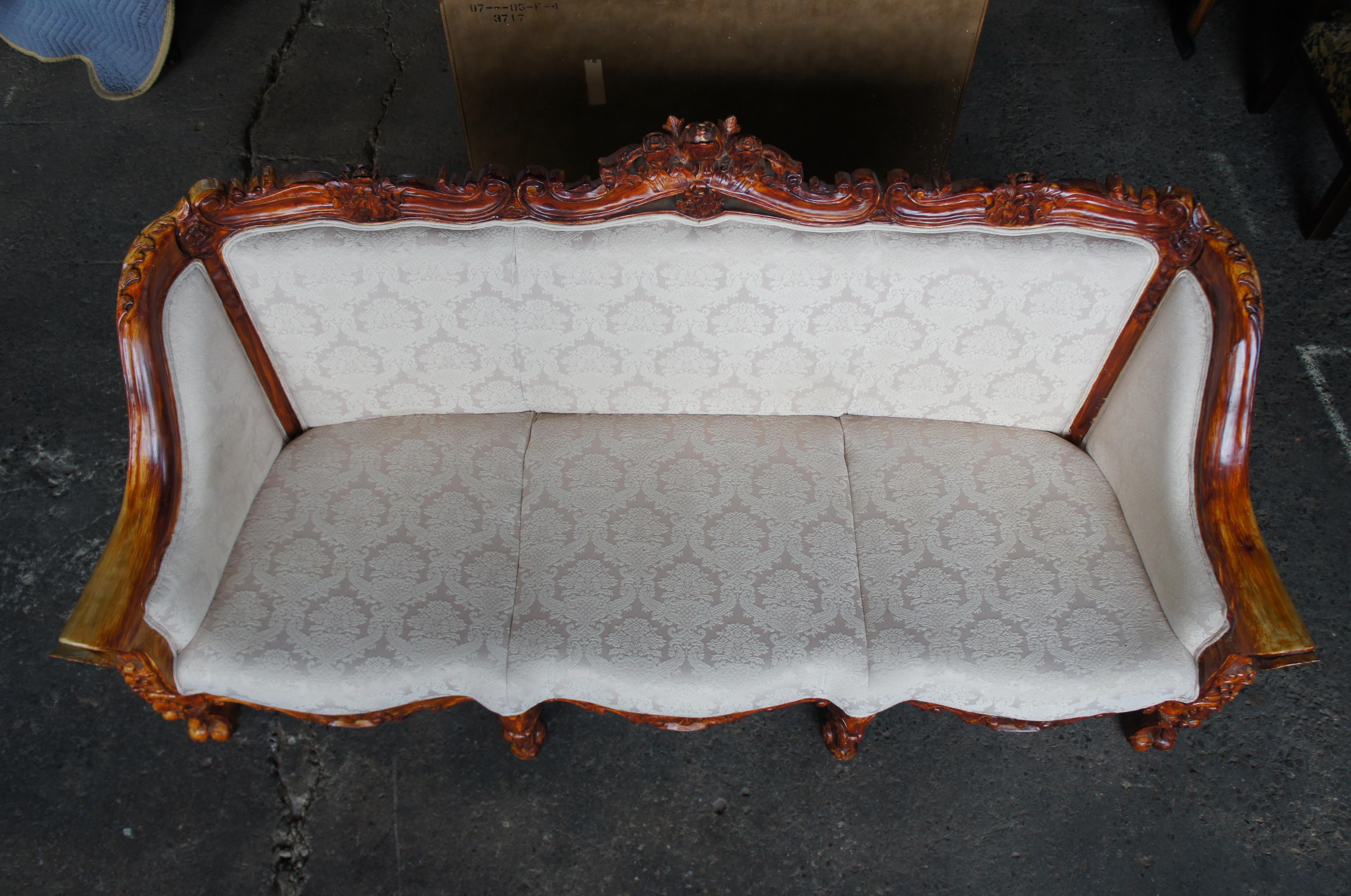 Antiqued Baroque Rococo High Relief Carved Settee Continental Sofa Brocade Seat 4