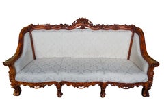 Antiqued Baroque Rococo High Relief Carved Settee Continental Sofa Brocade Seat
