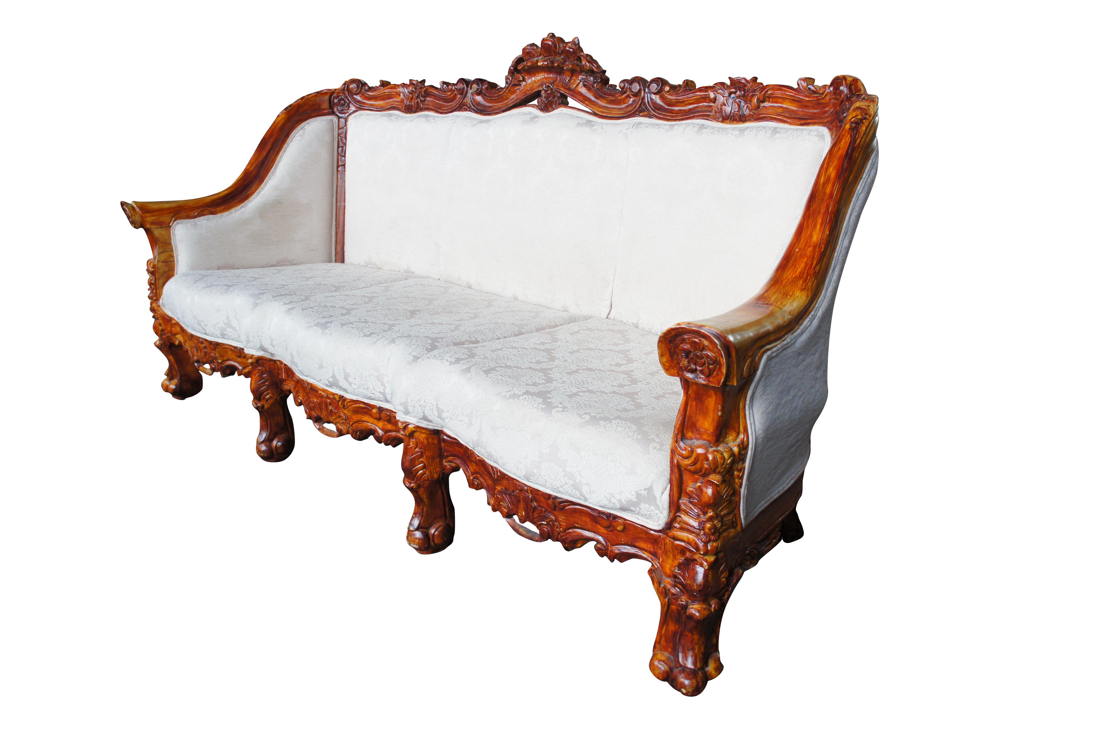 Rococo Revival Antiqued Baroque Rococo High Relief Carved Settee Continental Sofa Brocade Seat