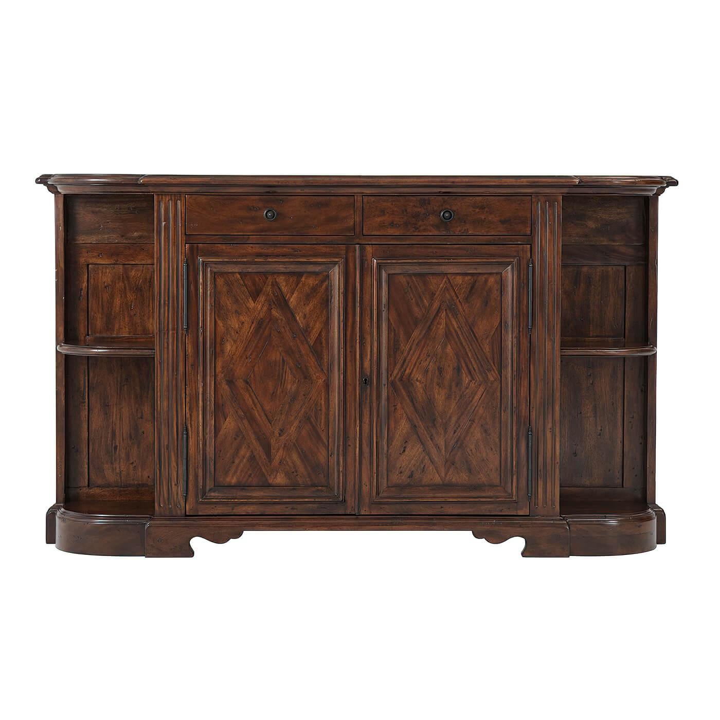 An antiqued wood break bowfront side cabinet, with open shelved sides centered by parquetry cabinet doors enclosing an adjustable shelf with two frieze drawers above. The original Victorian.

Dimensions: 65