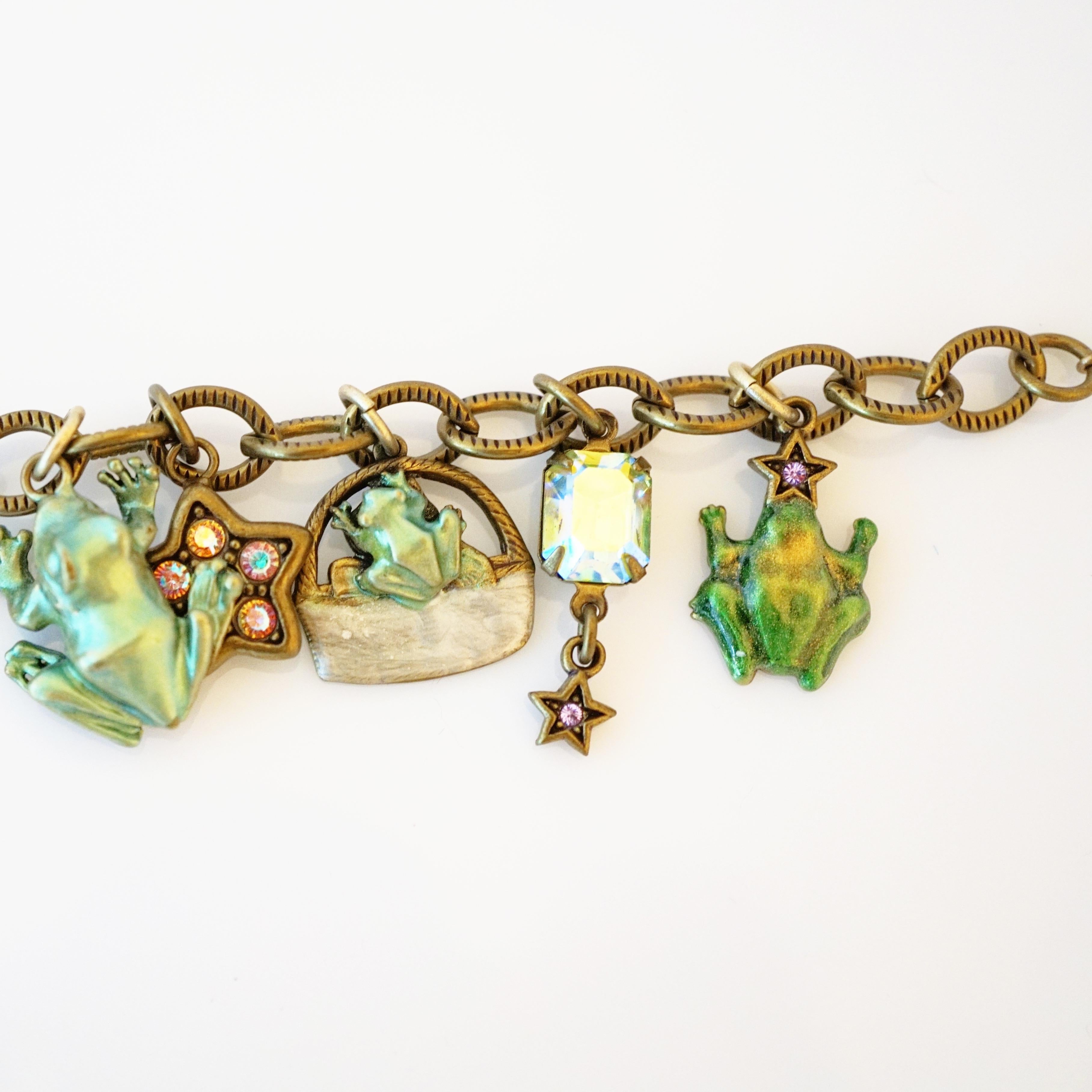 Women's Antiqued Brass Frog Charm Bracelet By Kirks Folly, 1990s For Sale