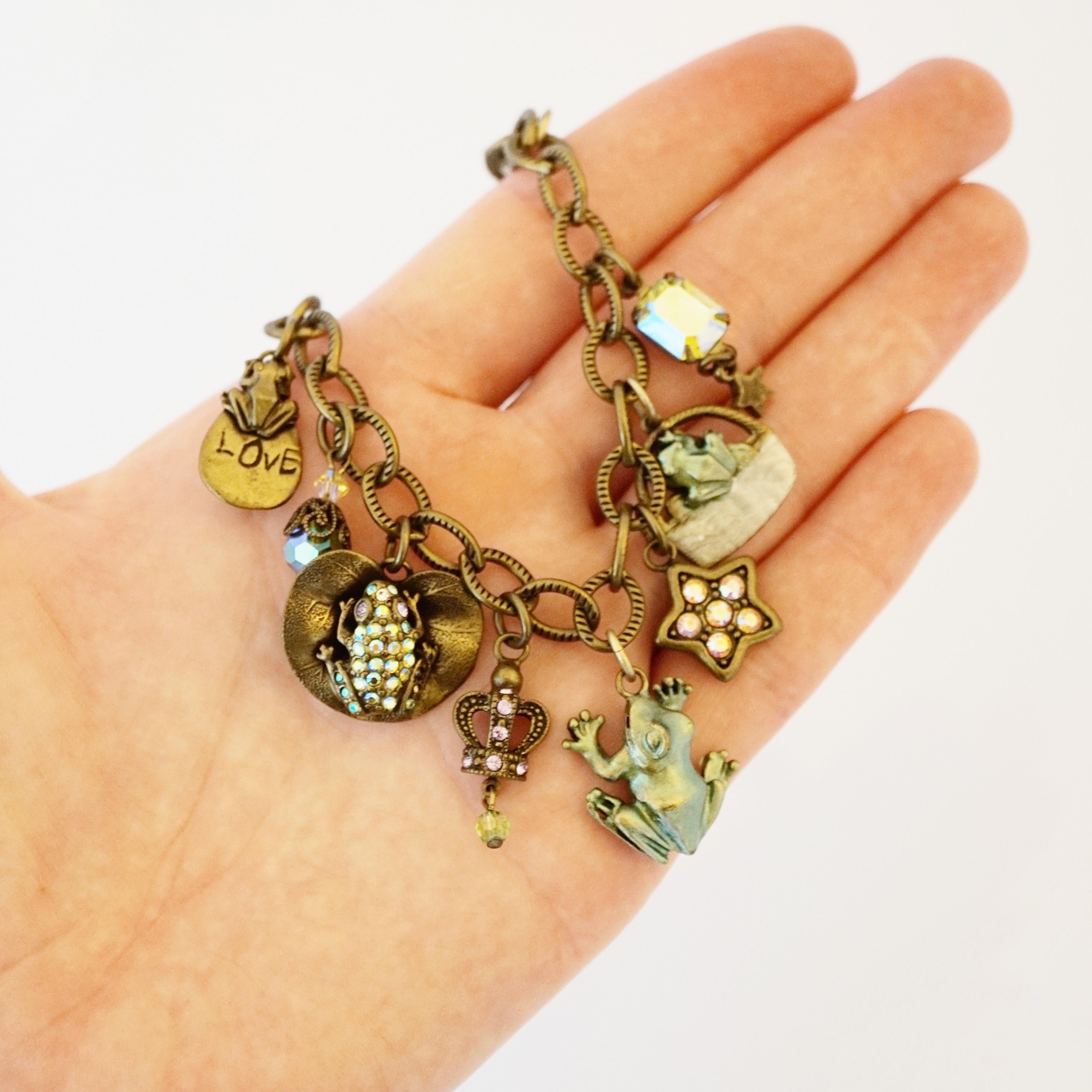 Antiqued Brass Frog Charm Bracelet By Kirks Folly, 1990s For Sale 2