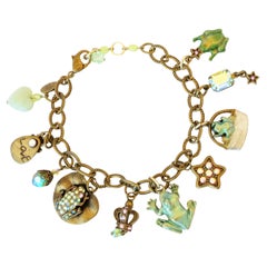 Vintage Antiqued Brass Frog Charm Bracelet By Kirks Folly, 1990s