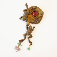 Antiqued Brass Frog Dangle Brooch By Jan Michaels, 1990s