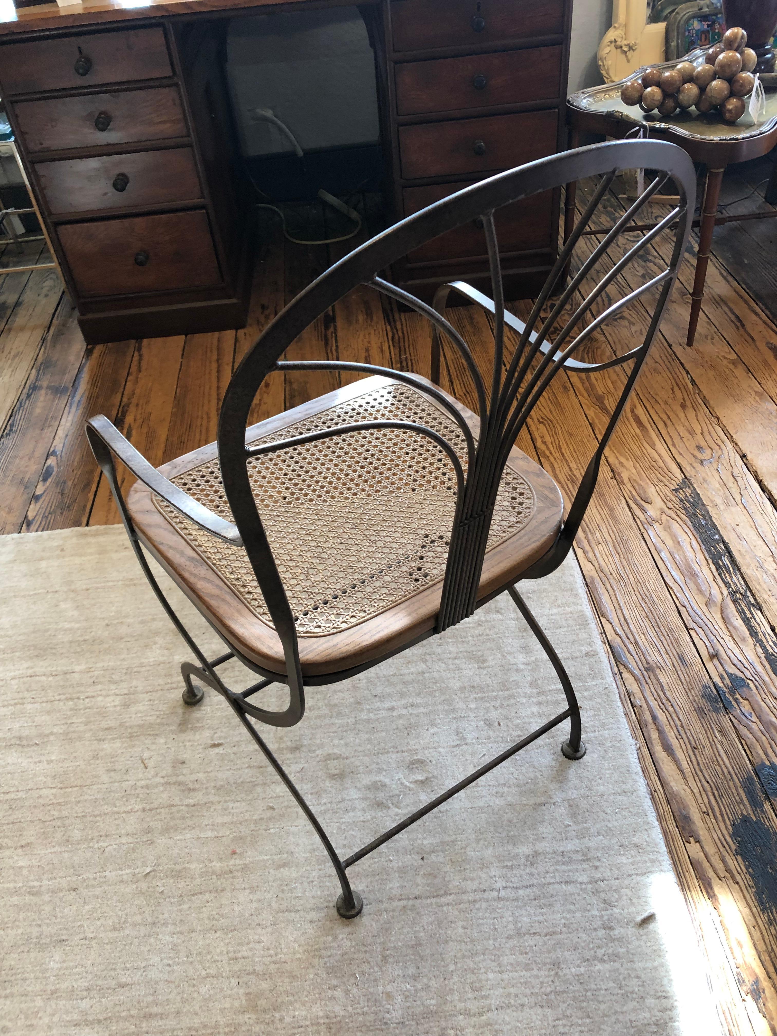 American Antiqued Bronze Metal and Caned Armchair For Sale