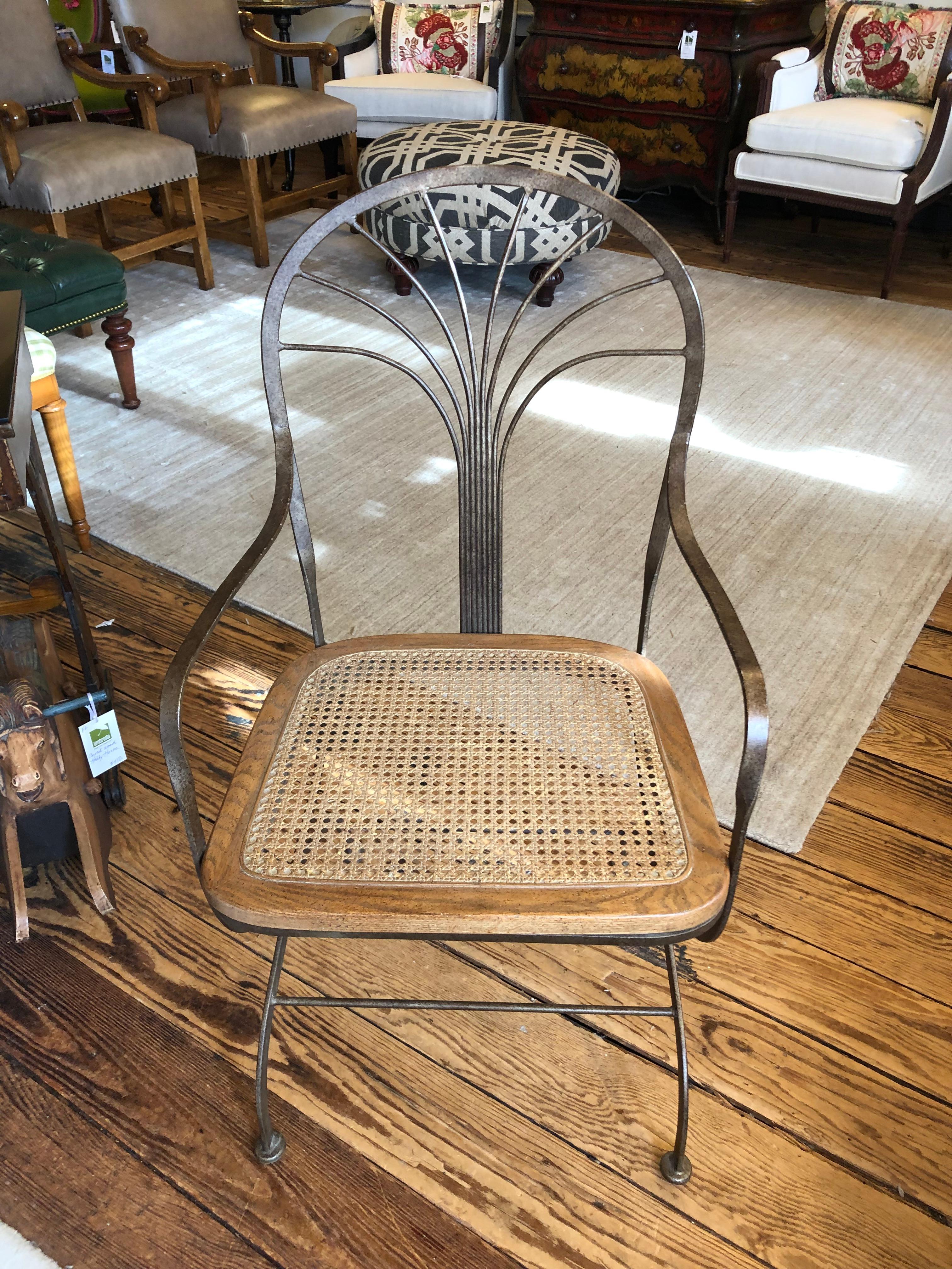 Antiqued Bronze Metal and Caned Armchair In Good Condition For Sale In Hopewell, NJ