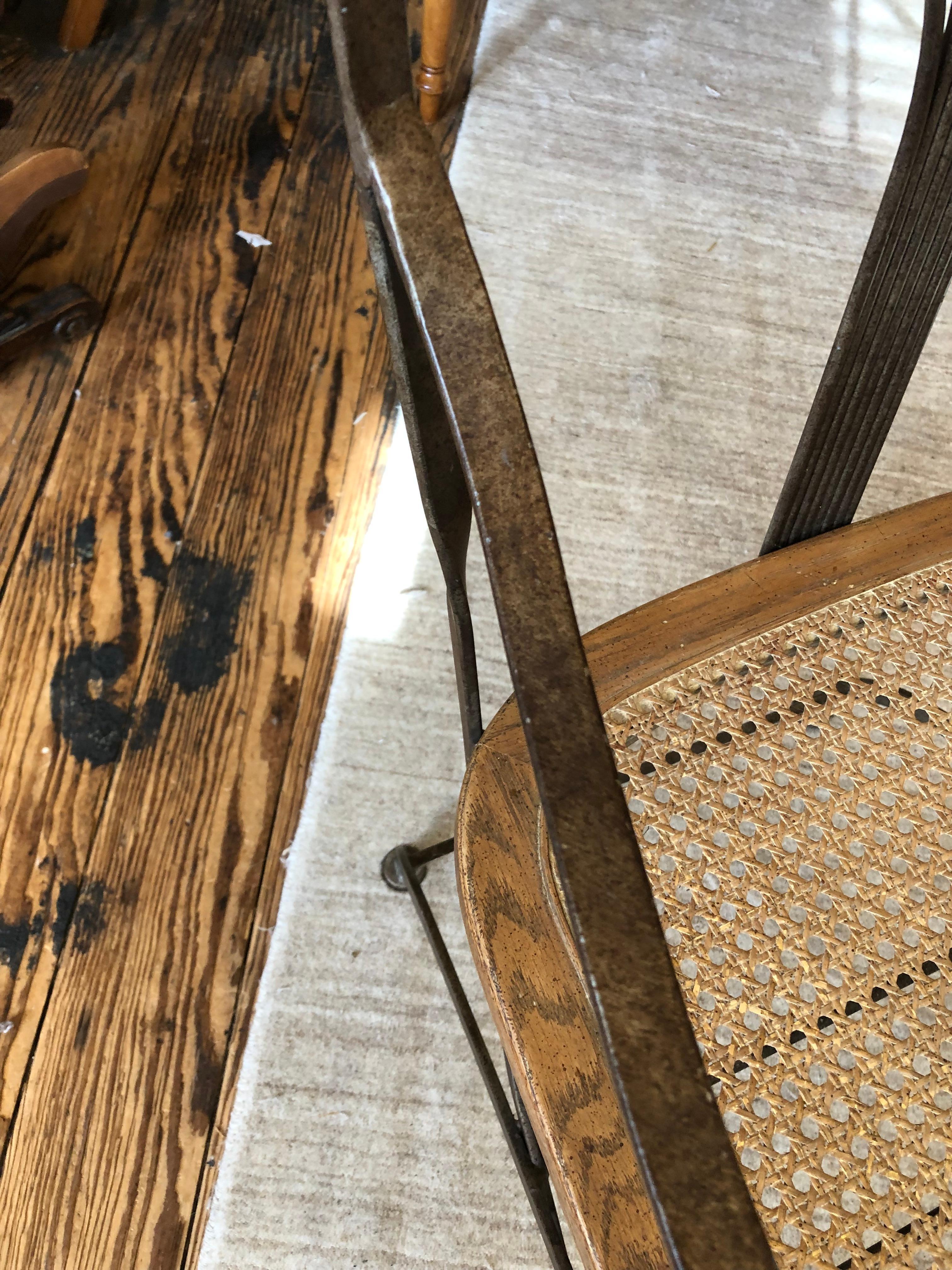 Late 20th Century Antiqued Bronze Metal and Caned Armchair For Sale