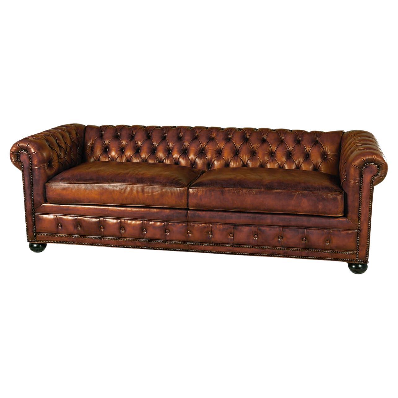 Antiqued Chesterfield Leather Sofa For Sale