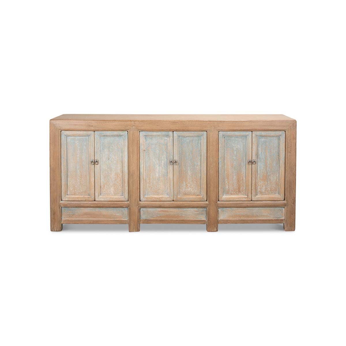 Made with pine with a distressed rustic blue finish and a vintage look. Six cabinet doors with simple lines with simple hardware. The interior is fitted with removable shelves.

Dimensions: 78