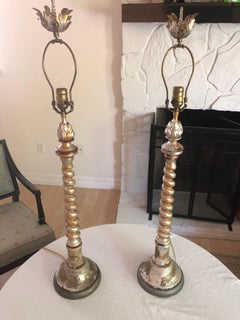 Antiqued elegant giltwood carved silver leaf table lamps