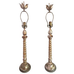 Antiqued elegant giltwood carved silver leaf table lamps