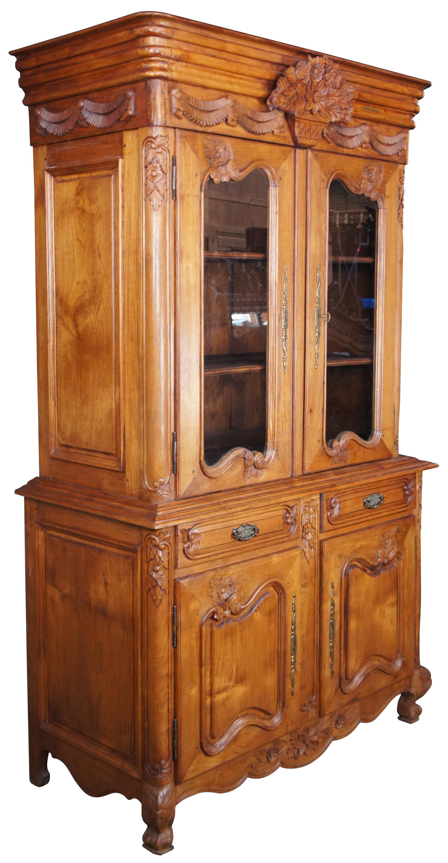 French Provincial Antiqued French Revival Mahogany Buffet Deux Corps Hutch China Curio Cabinet 88