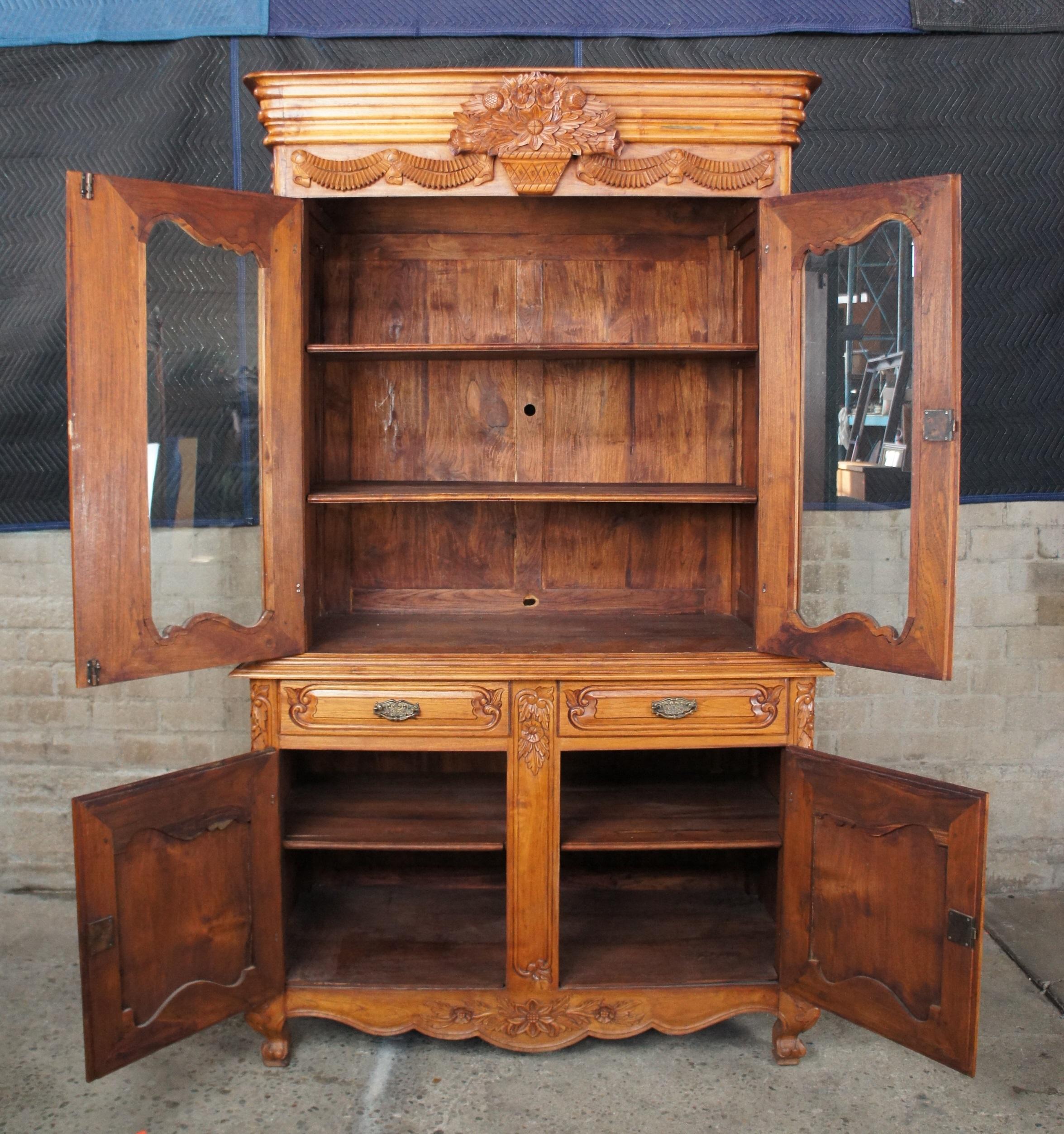 Antiqued French Revival Mahogany Buffet Deux Corps Hutch China Curio Cabinet 88