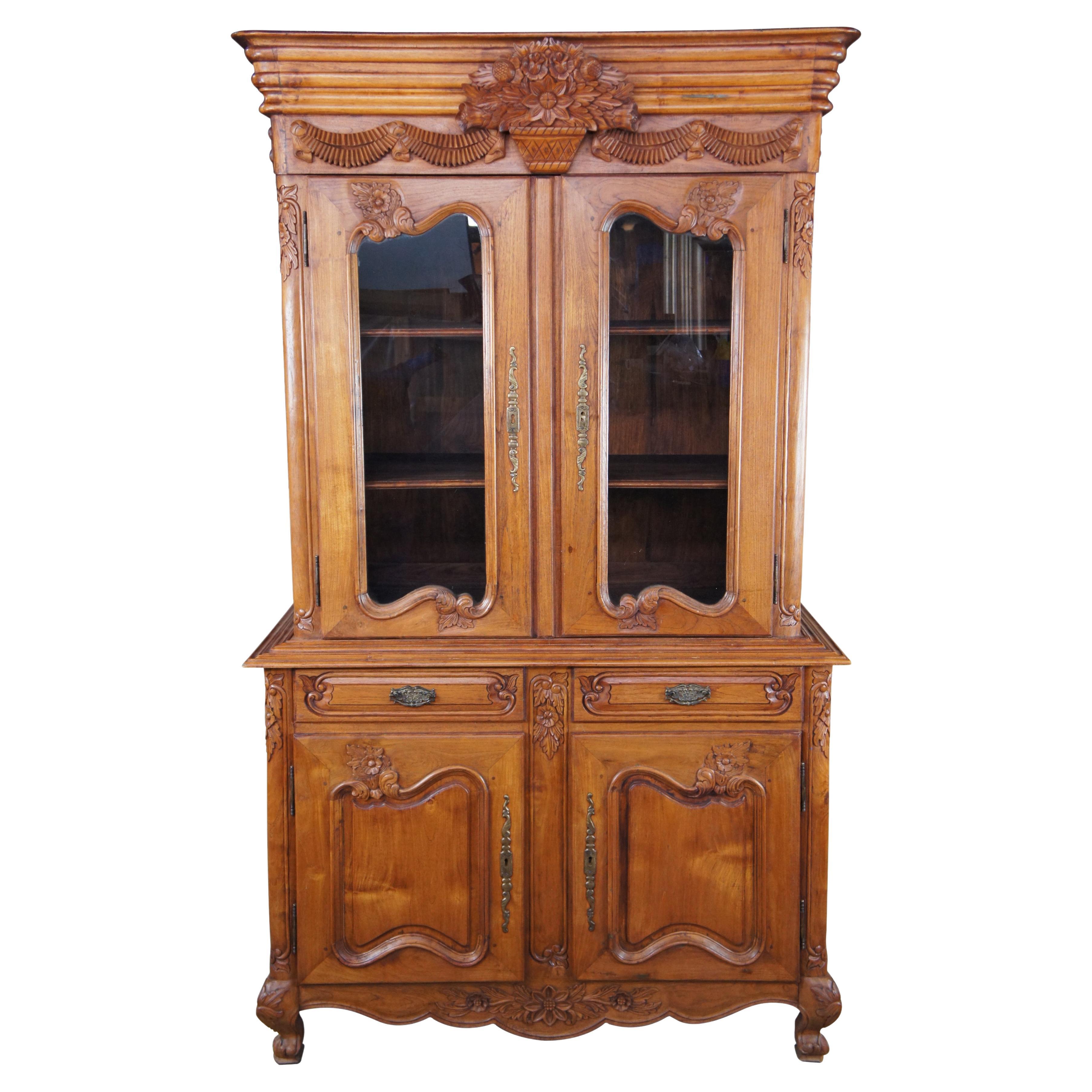Antiqued French Revival Mahogany Buffet Deux Corps Hutch China Curio Cabinet 88"