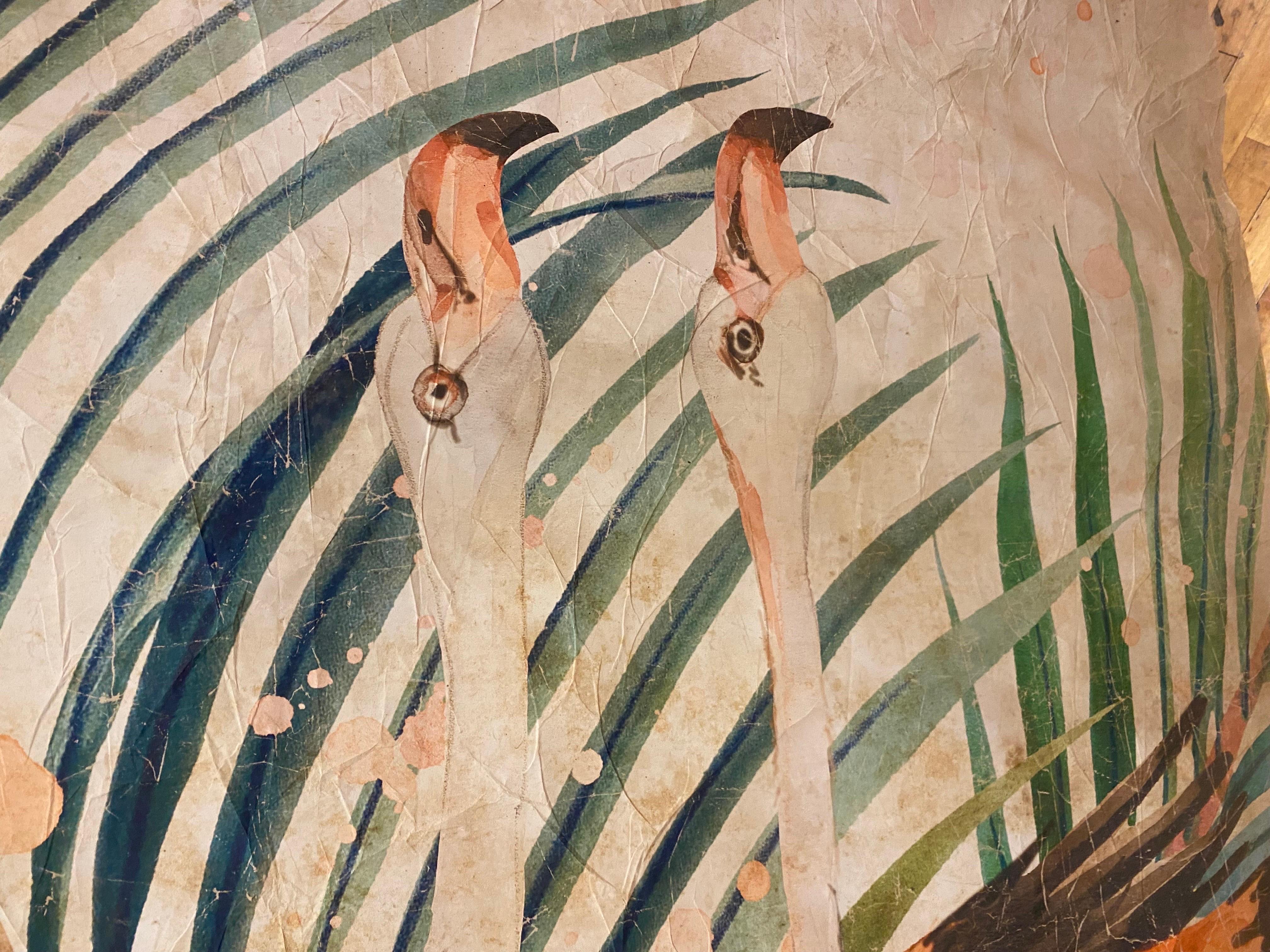 Contemporary “Antiqued” French Wallpaper Panels of Flamingoes 'Limited Edition'