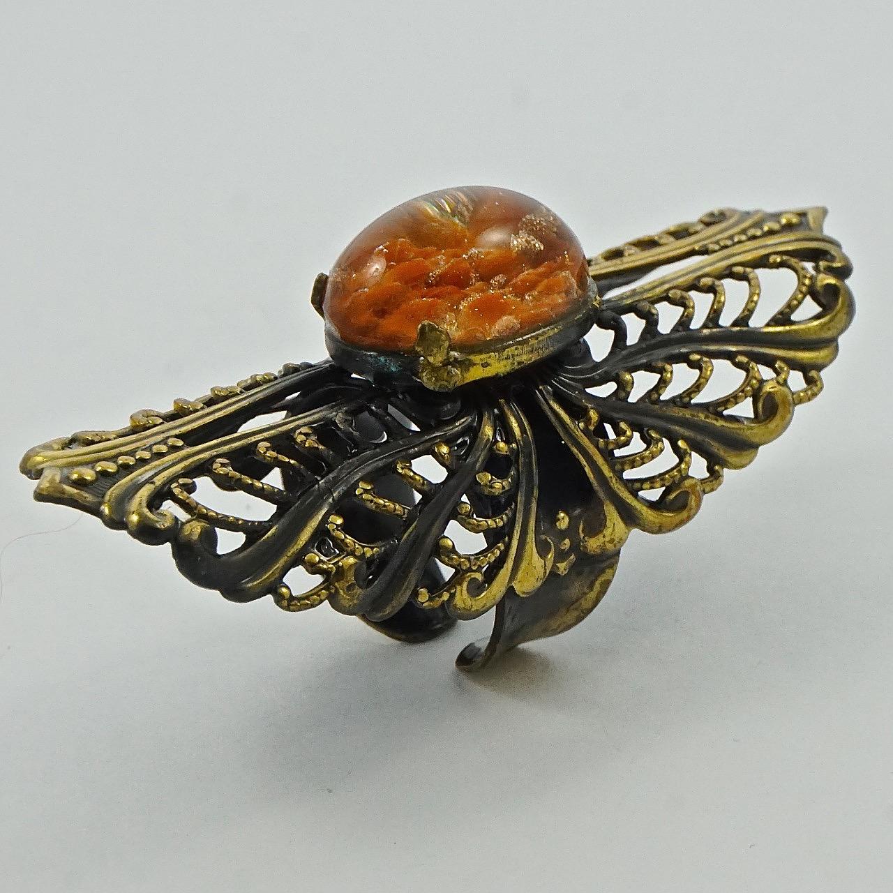 Women's or Men's Antiqued Gold Plated Orange and Bronze Confetti Statement Ring For Sale