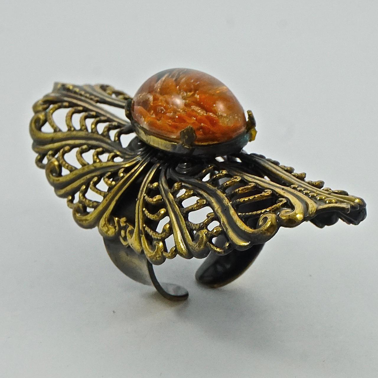 Antiqued Gold Plated Orange and Bronze Confetti Statement Ring For Sale 1