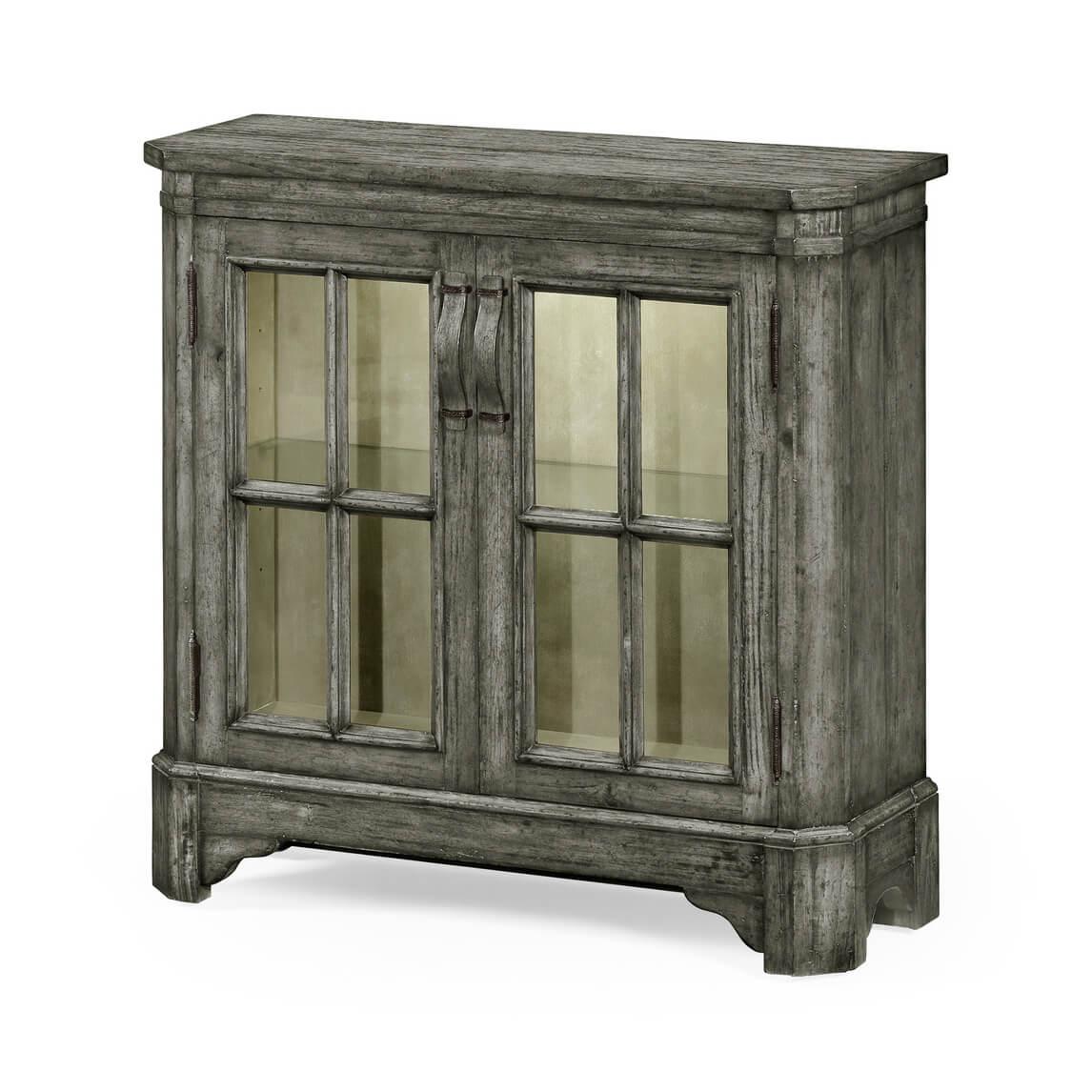 English country style antique dark grey glazed low wall bookcase with internal lighting, two doors, and adjustable glass shelves. Wooden strap handles with patinated brass details.

Dimensions: 35 5/8