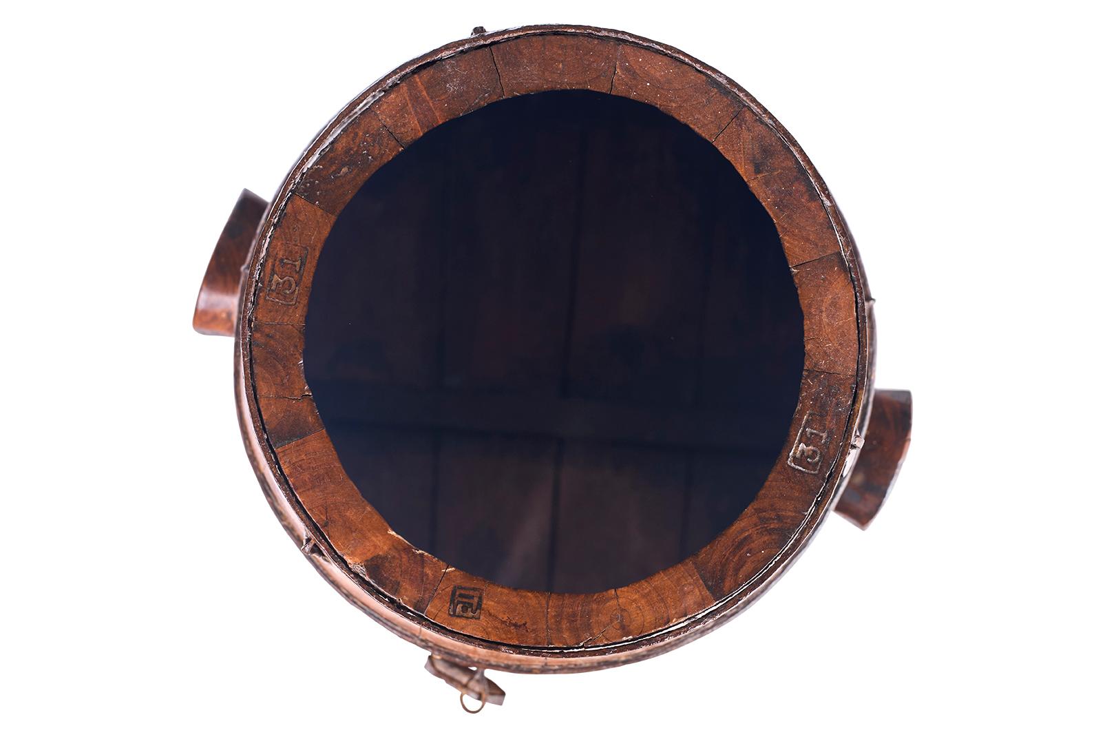 Metal Antiqued Hand Carved Wood Bucket For Sale