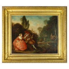 Antiqued Landscape Oil Painting After Watteau, Baroque Style, 19th Century