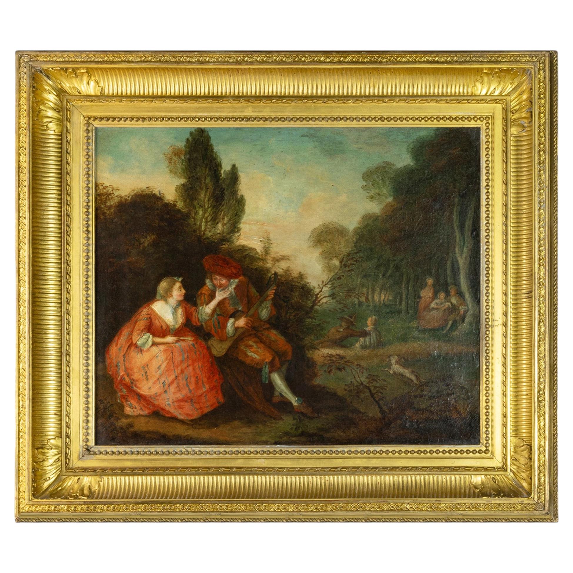 Antikes Landschafts-Ölgemälde nach Watteau, Barockstil, 19. Jahrhundert