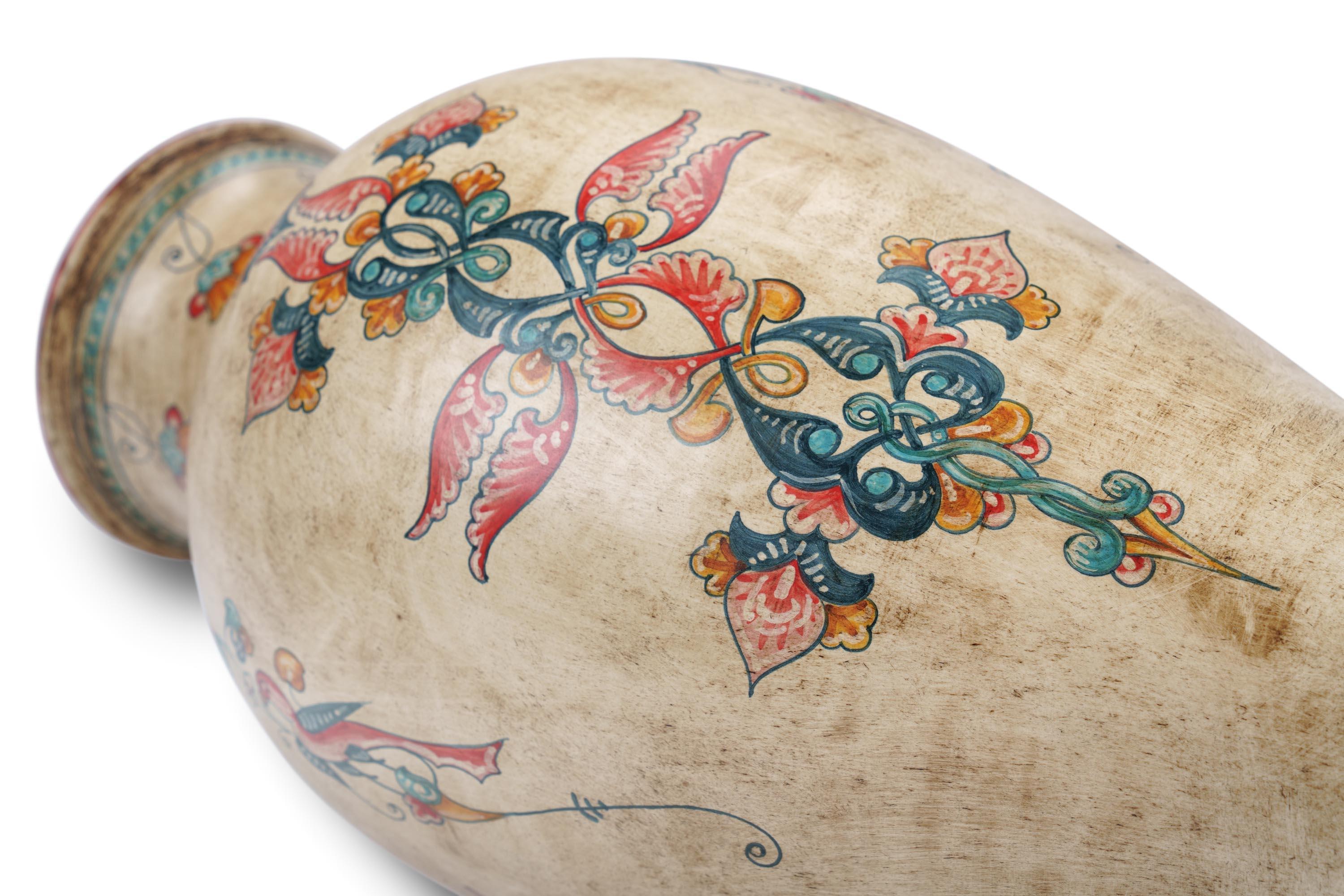 italien Vase en majolique ancienne rouge et bleue avec oiseaux, récipient en céramique peint à la main, Deruta, Italie en vente