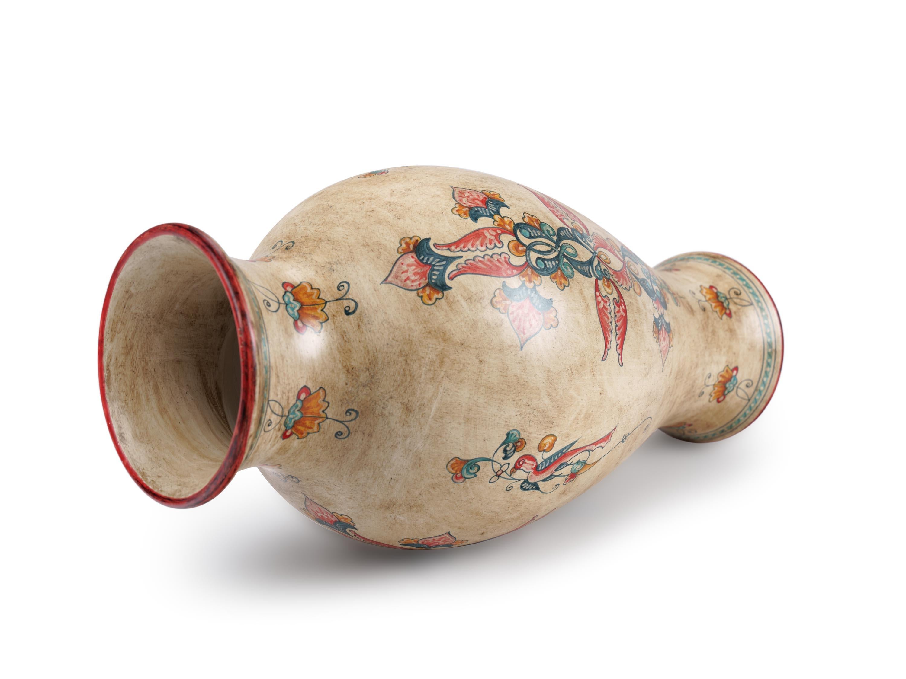 Peint à la main Vase en majolique ancienne rouge et bleue avec oiseaux, récipient en céramique peint à la main, Deruta, Italie en vente