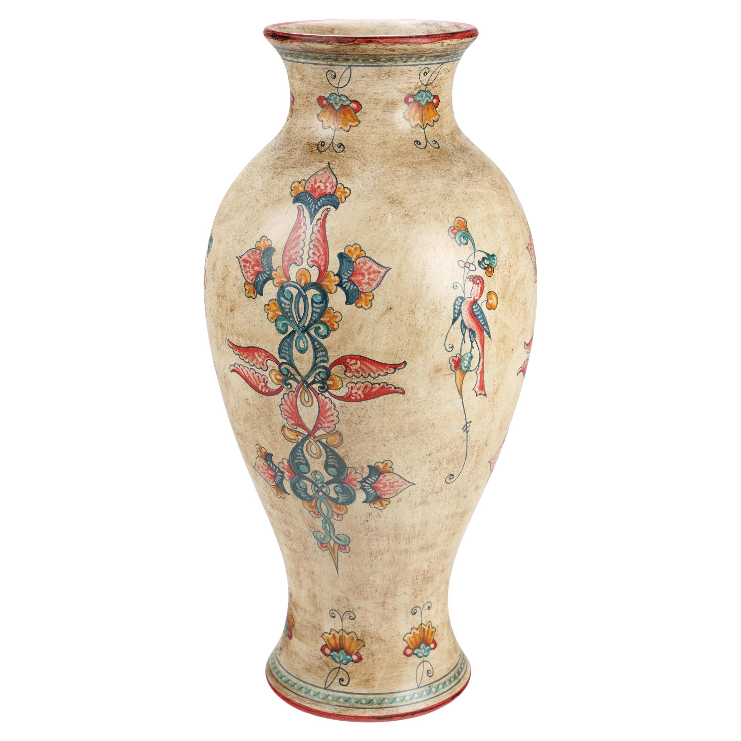 Antiqued Majolica Vase Red Blue Birds, Hand Painted Ceramic Vessel, Deruta Italy