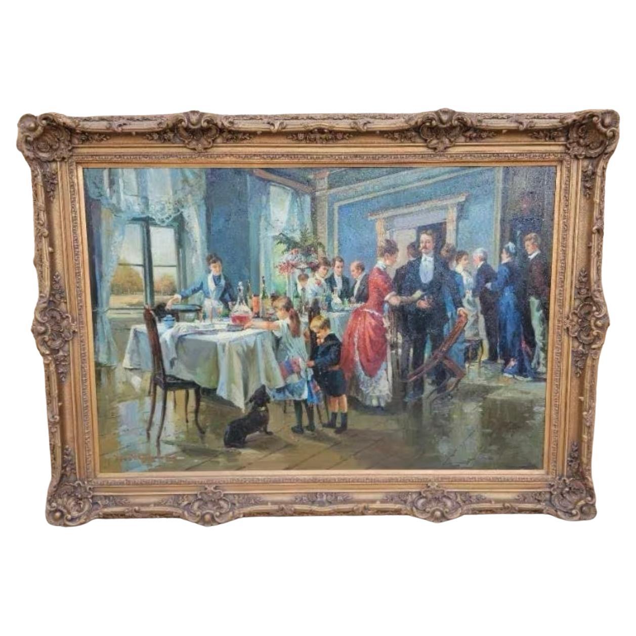 Huile sur toile "The Dinner Party" encadrée en or massif et orné, Antiquities en vente