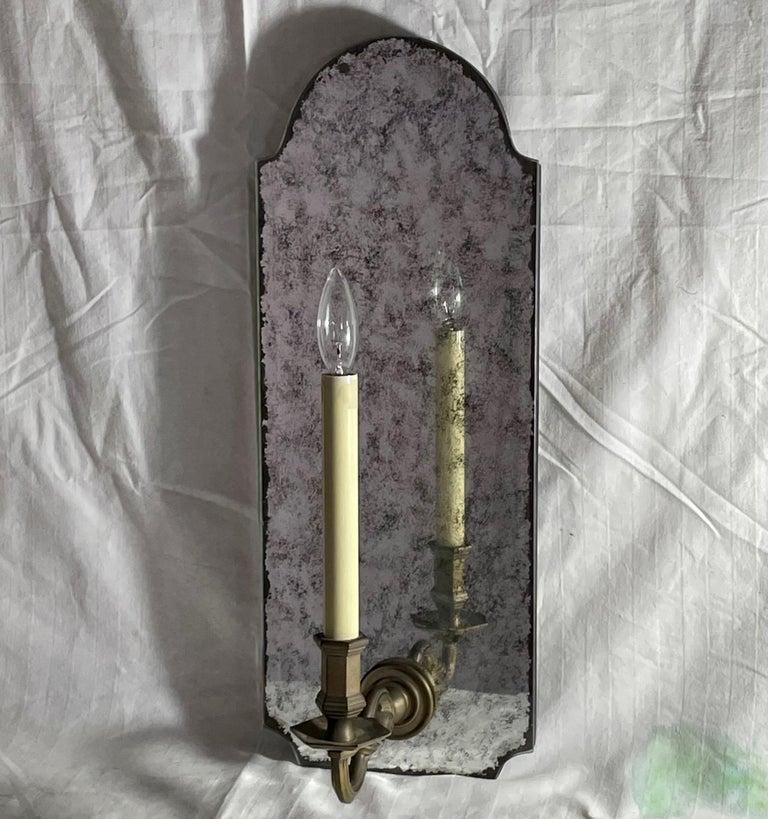 Contemporary Antiqued Mirror Wall Sconce with Patinated Electrified Brass Arm. - 3  For Sale