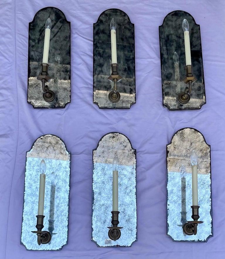 Antiqued Mirror Wall Sconce with Patinated Electrified Brass Arm. - 3 1