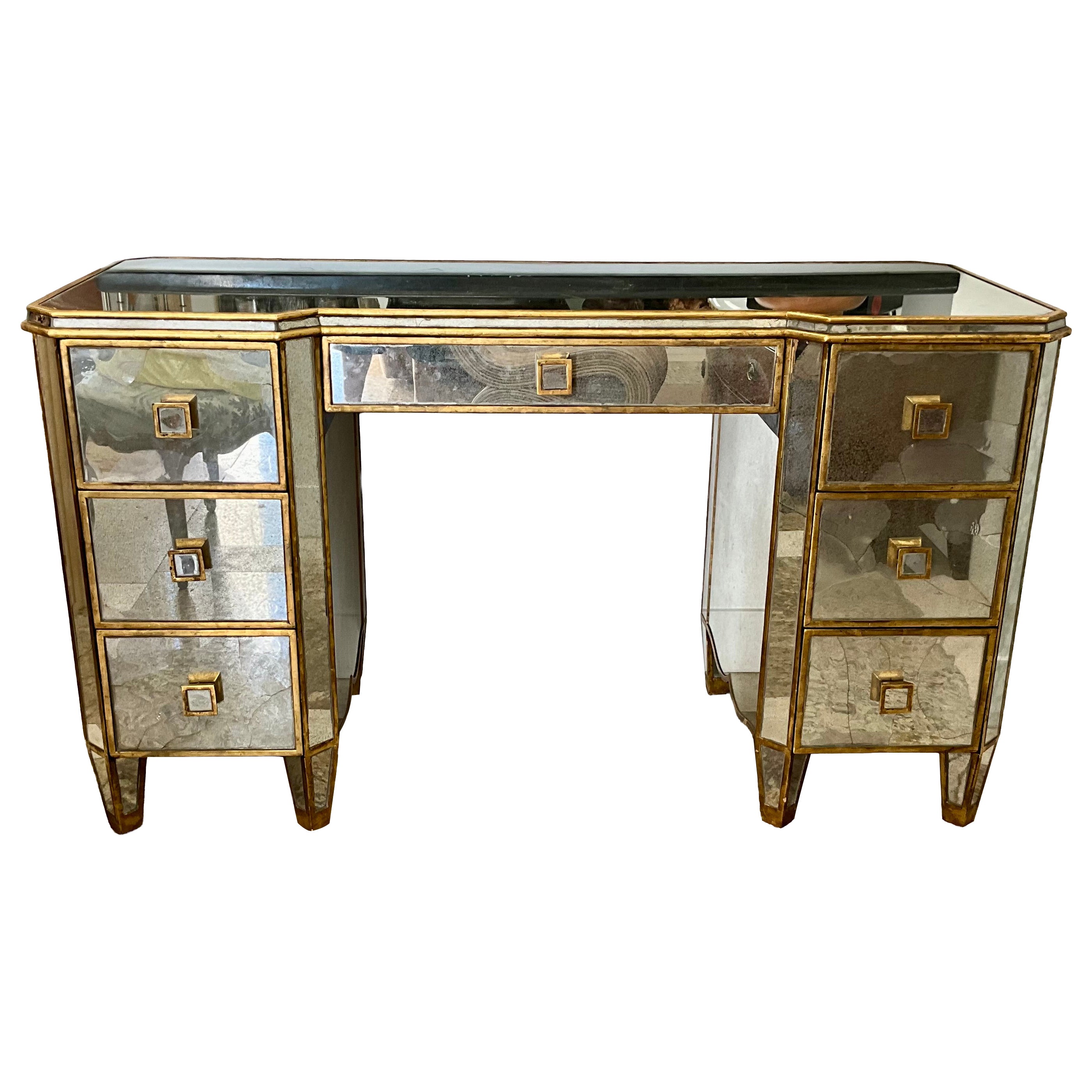 Antiqued Mirrored Vanity Desk with Gilded Trim, Late 20th Century, 7 Drawers