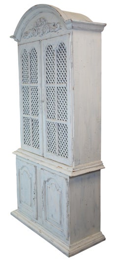 Antiqued Pine French Country White Lattice Cupboard Cabinet Bookcase China Hutch
