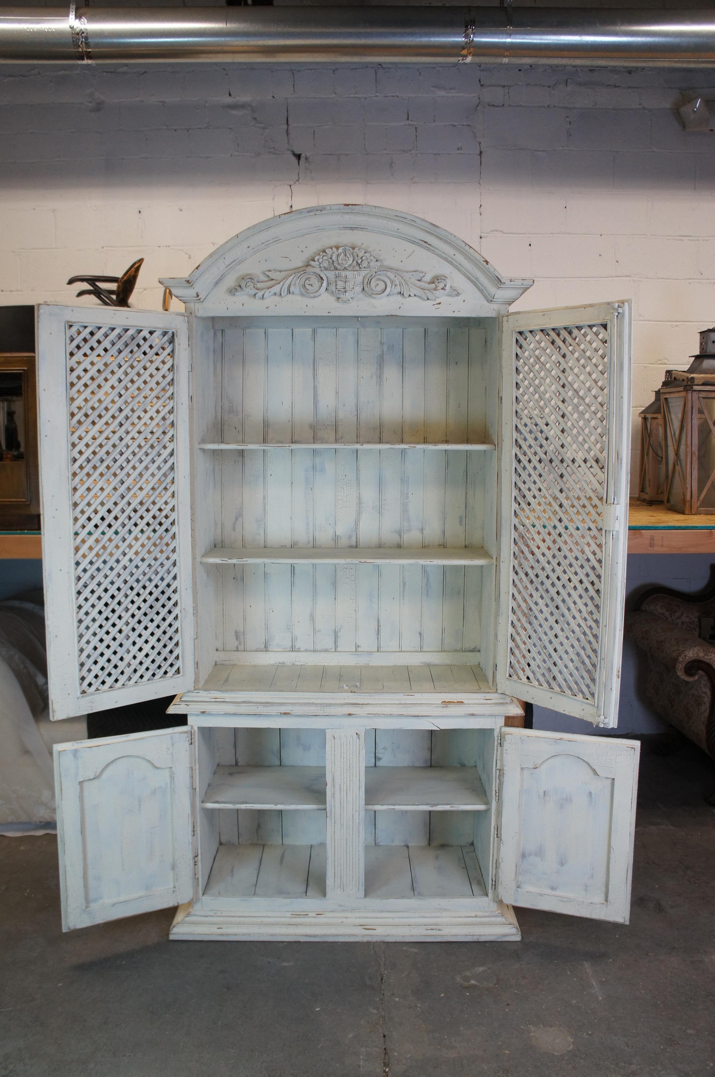 Late 20th Century Antiqued Pine French Country White Lattice Cupboard Cabinet Bookcase China Hutch