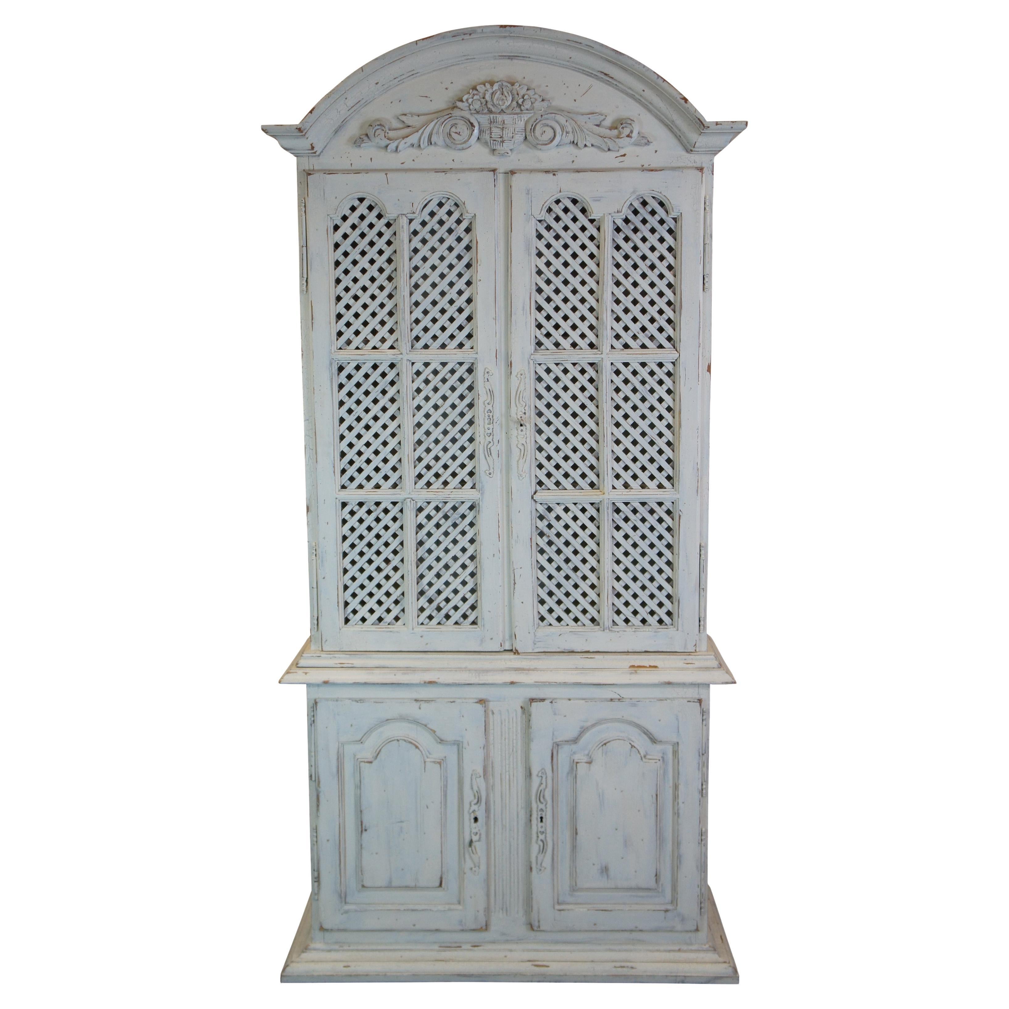 Antiqued Pine French Country White Lattice Cupboard Cabinet Bookcase China Hutch