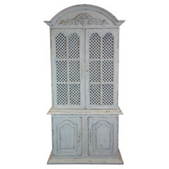 Antiqued Pine French Country White Lattice Cupboard Cabinet Bookcase China Hutch