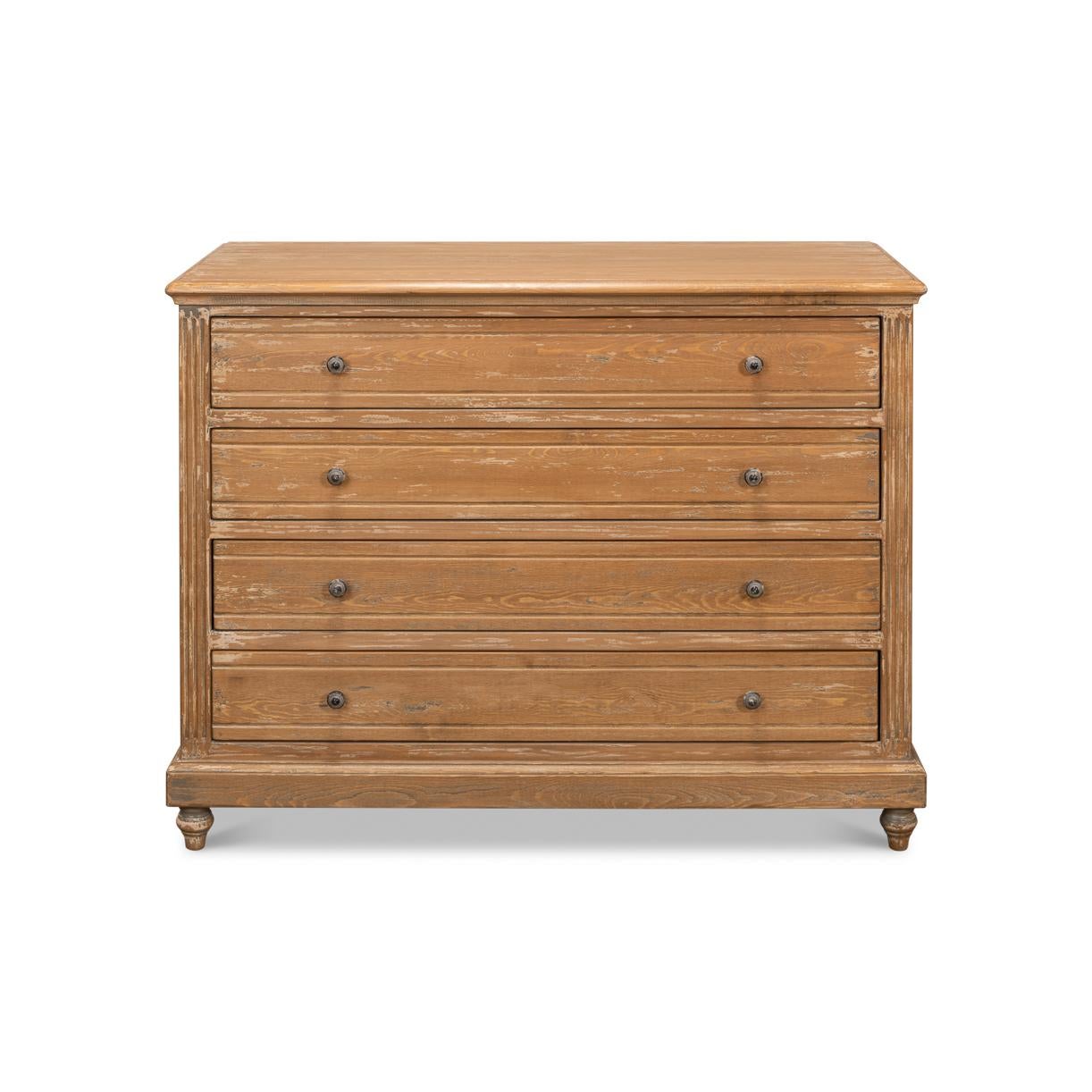 This beautifully crafted piece showcases the warmth of natural wood with a distressed finish, adding an inviting, lived-in feel to your space. The dresser features four spacious drawers, each adorned with classic round knobs, offering ample storage