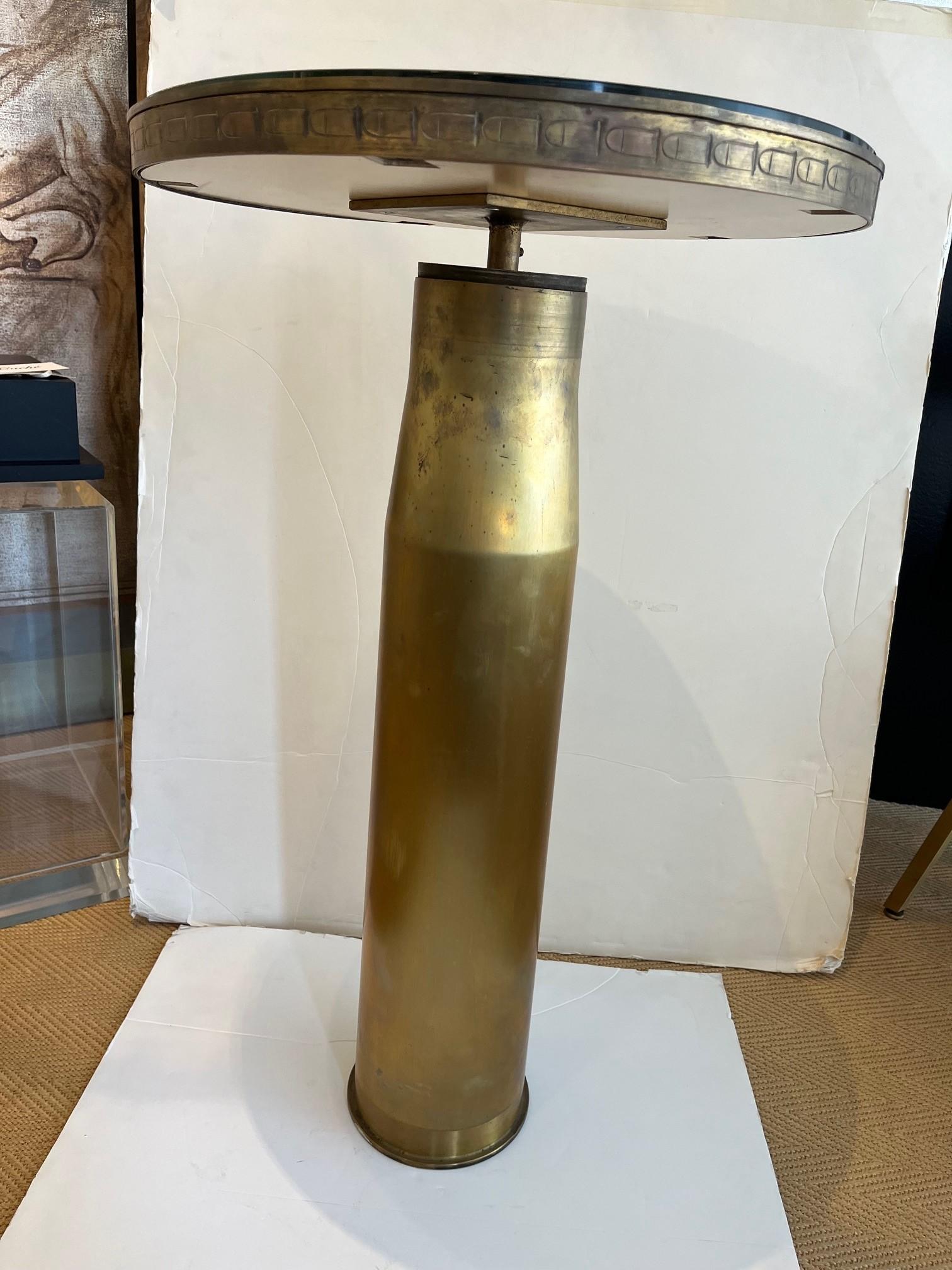 Antiqued Rare WWII Brass Shell Case with Tapering Form Side Table, Antiqued Gold Mirrored Top Spins and maybe Locked in Place
