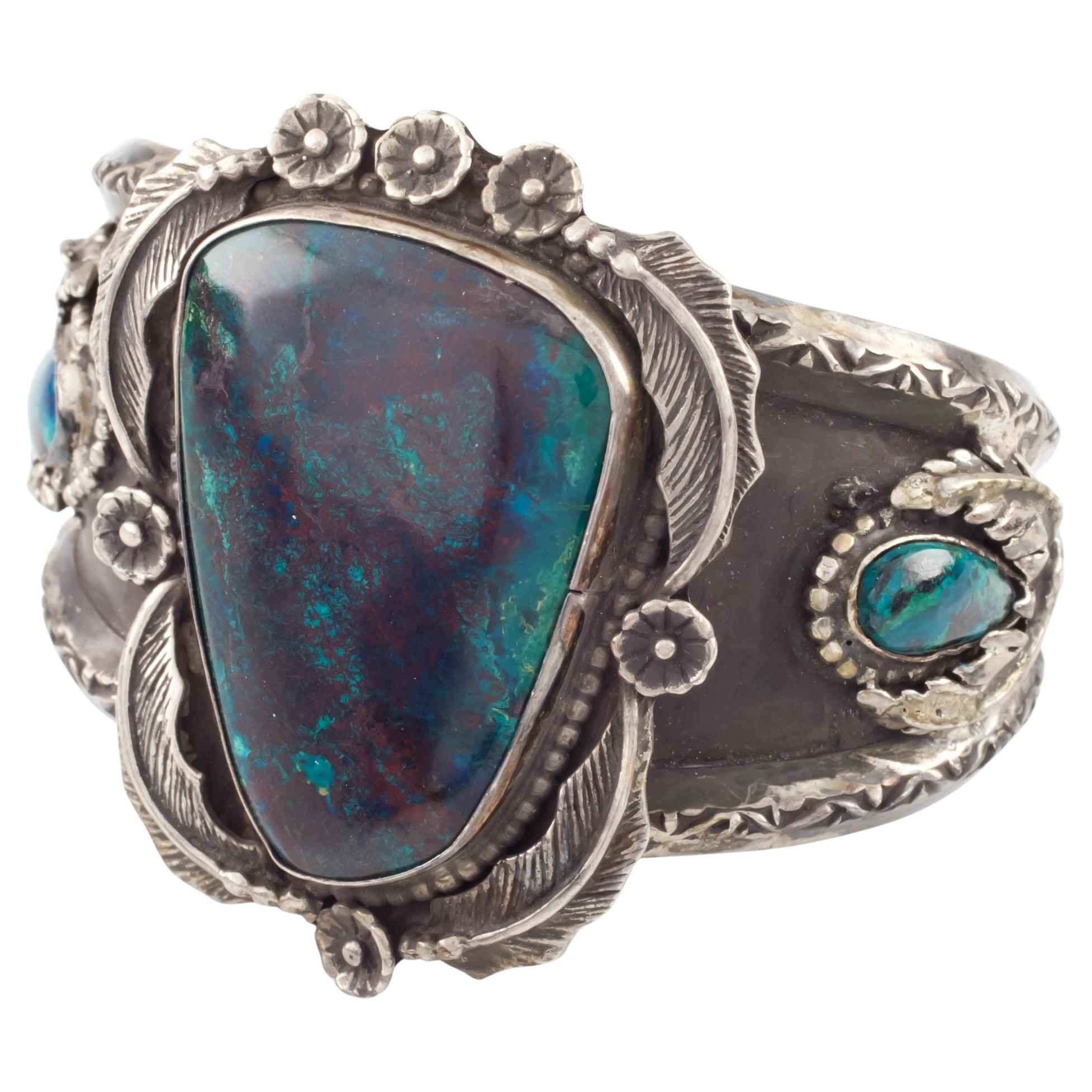 Bracciale in argento 925 anticato e crisocolla blu intenso, misura 6 in vendita