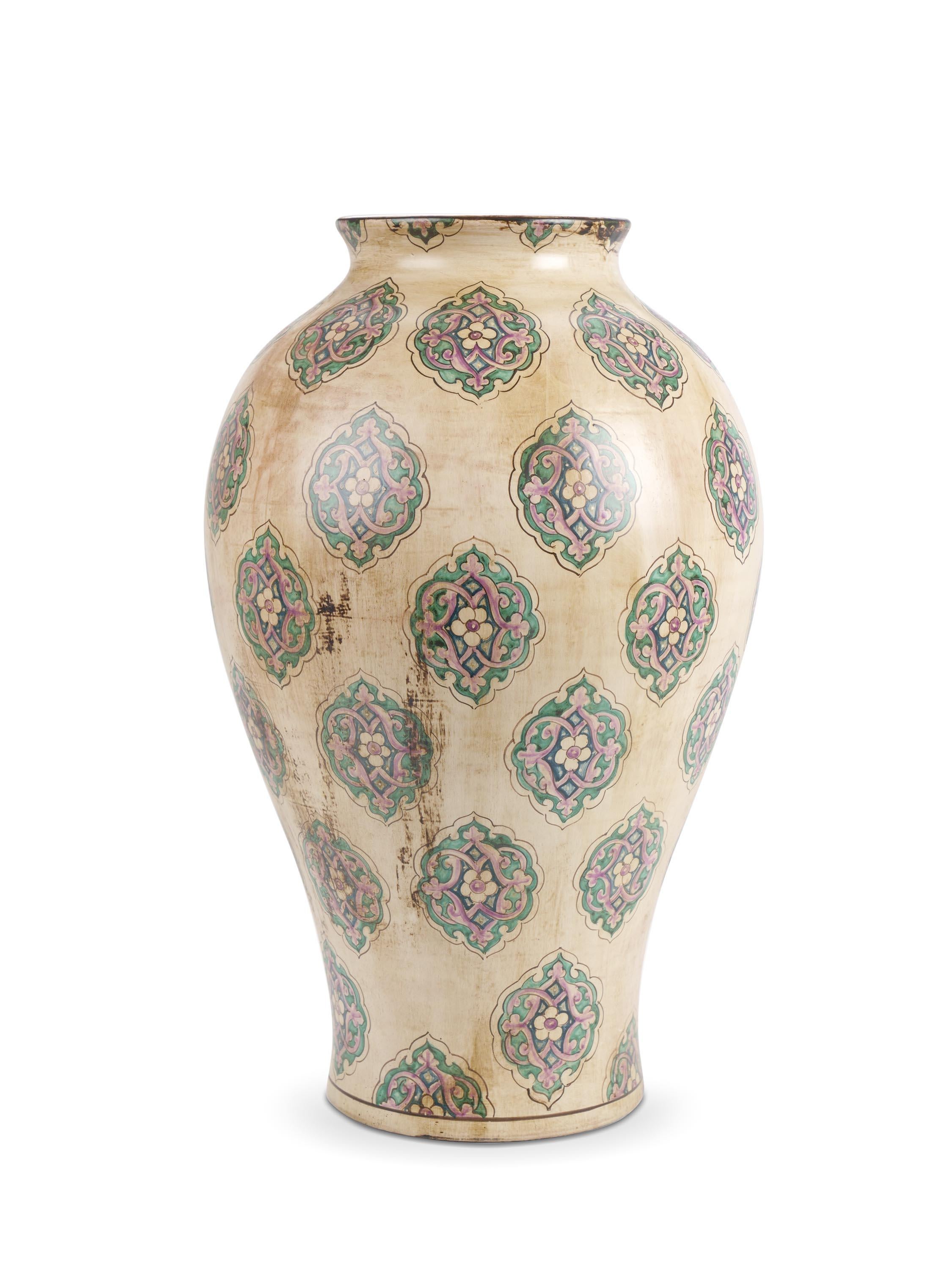 Our exclusive vase, in majolica with an antiqued background, is characterized by a very slender body and a thin slightly flared neck: it is handmade and hand-painted in Italy, following the original Renaissance painting technique, unchanged over