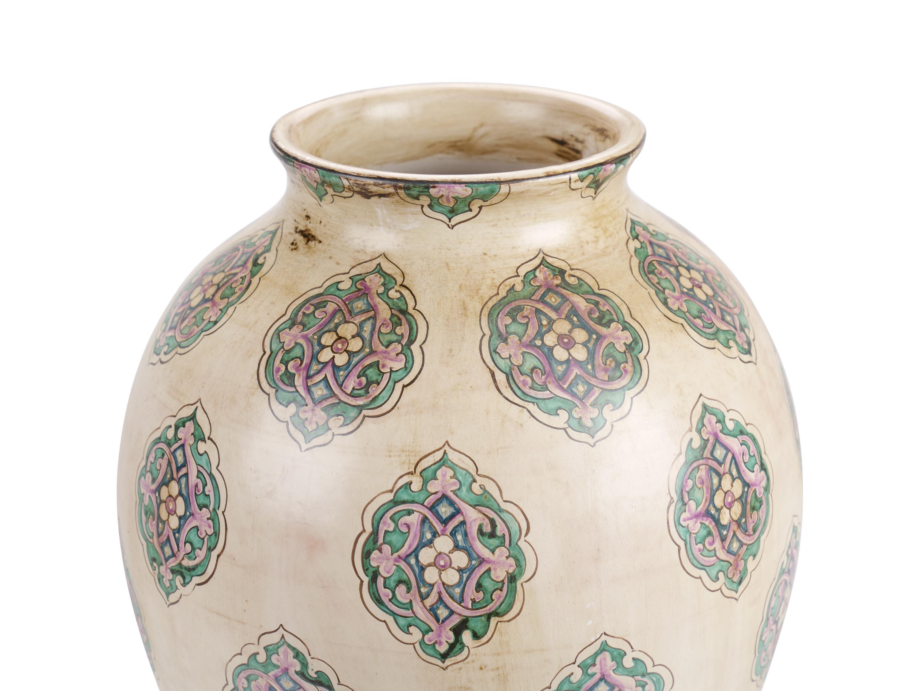 Modern Antiqued Vase Majolica Jar Painted Ceramic Decorated Ornament Renaissance Vessel For Sale