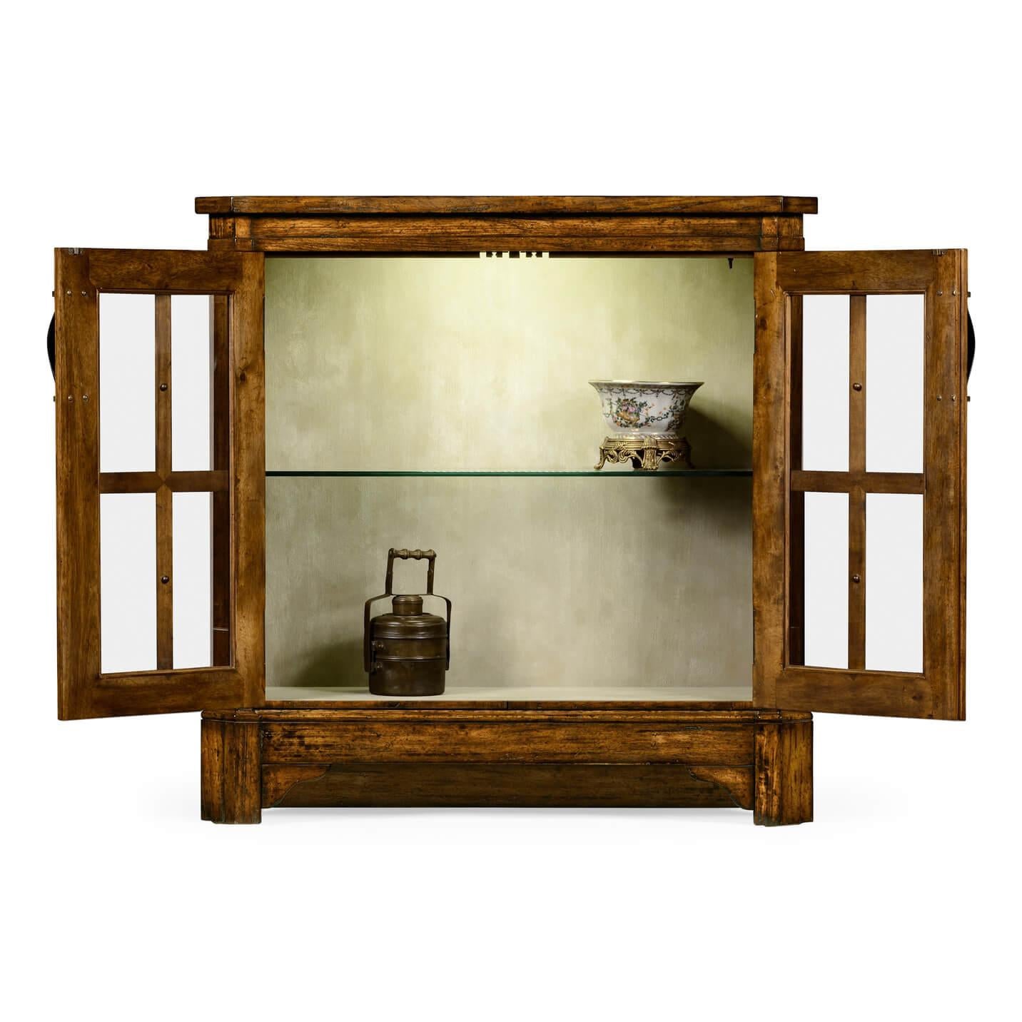 English Antiqued Walnut Country Low Bookcase