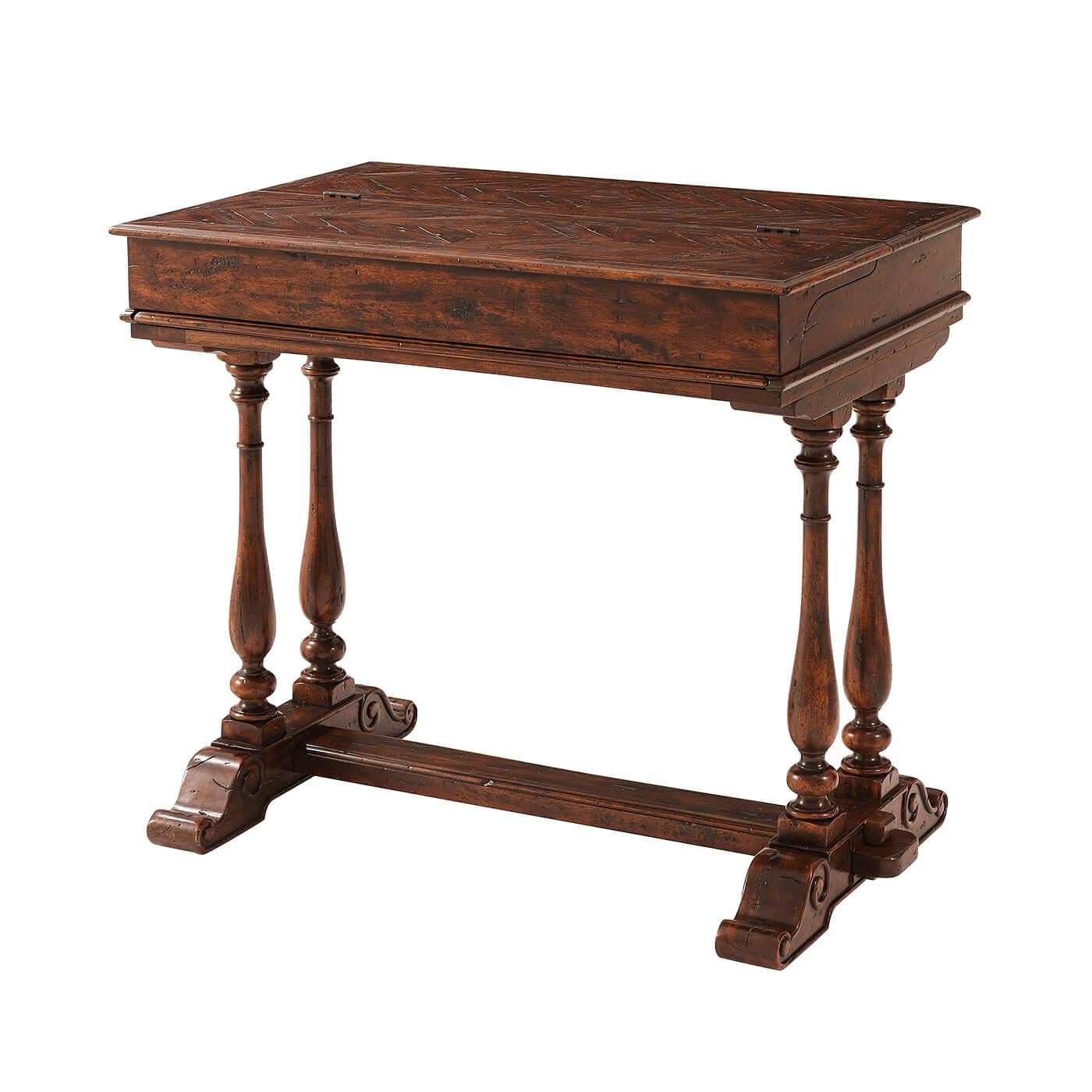 A rustic antiqued wood fold-over Campaign desk, the hinged top opening to reveal four fitted drawers, on twin baluster turned end supports and sleigh feet joined by a pegged stretcher. 

Dimensions:
Open: 34