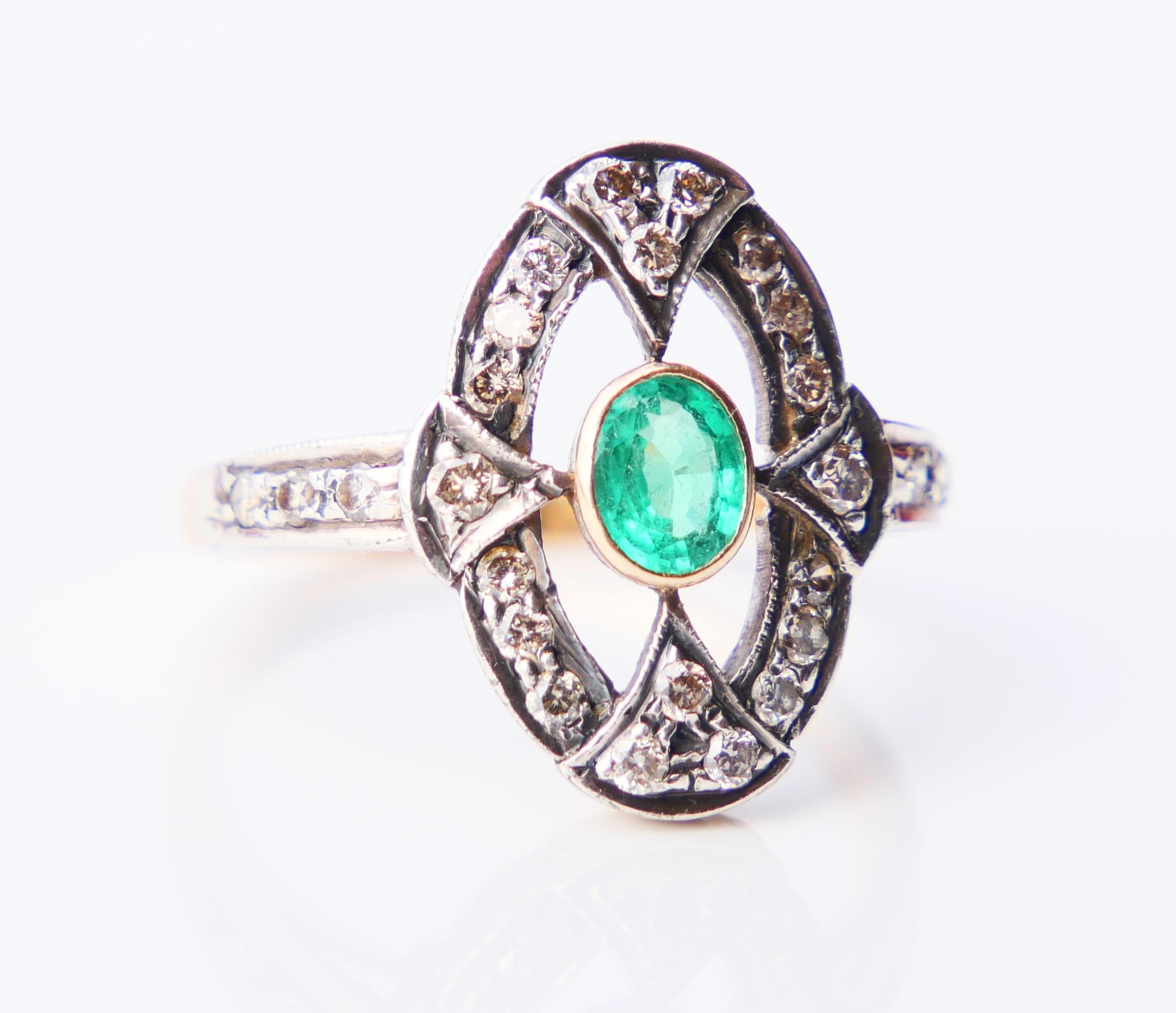 Antiquitäten Ring 0.3ct Smaragd 0.4ctw Diamanten massiv 18K Gold Silber Ø US6.25 /3.2g im Angebot 4