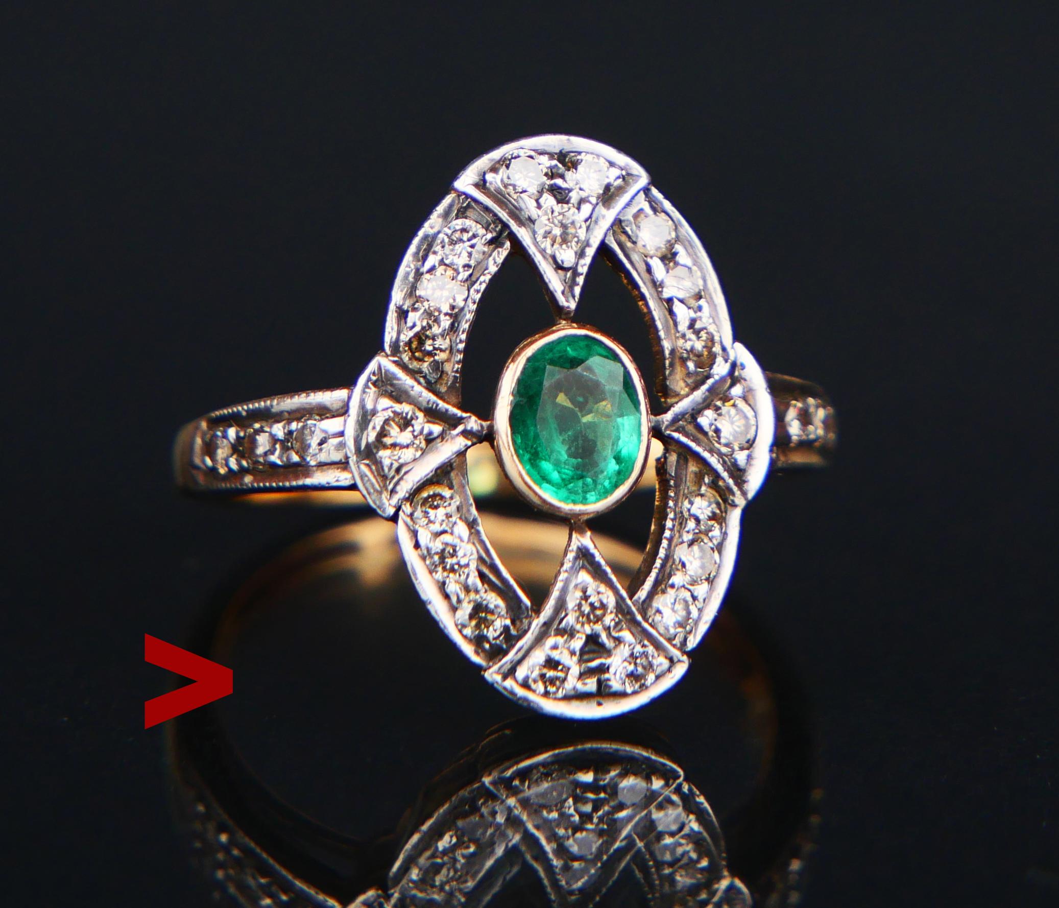 Art Deco period German Ring with Emerald and Diamonds.

Emerald and Diamonds Halo type Ring made in Europe ca.1920s -1930s.

Metal of band in solid 18K Gold, crown in Silver. Emerald's bezel in Yellow Gold. The Crown is 17 mm x 13 mm x 3 mm